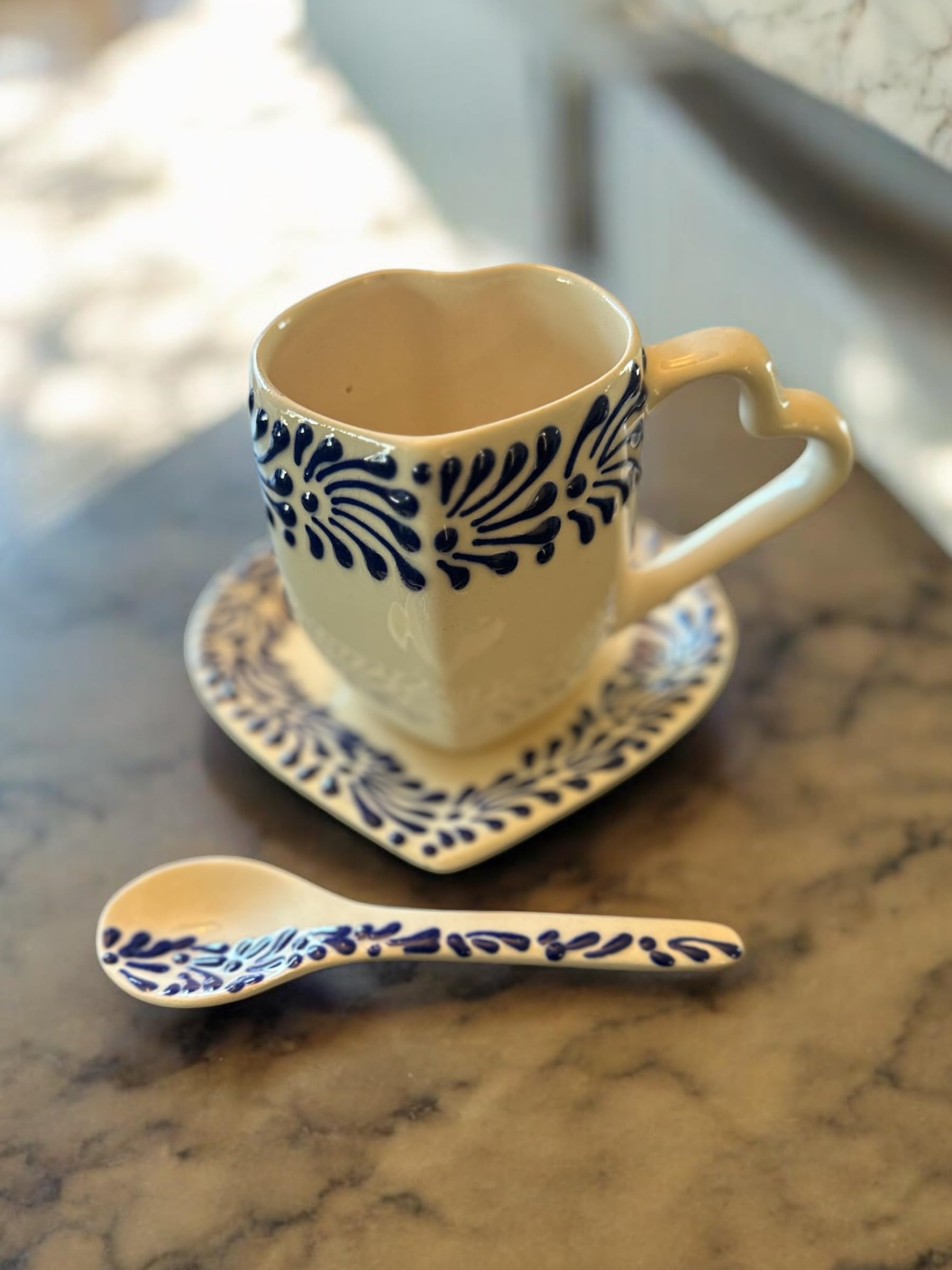 Talavera Heart-Shaped Mug, Plate, and Spoon Set | Handmade Mexican Pottery in Blue & White or Coffee Color | Perfect Coffee Bar Decor & Gift for Coffee Lovers (White)