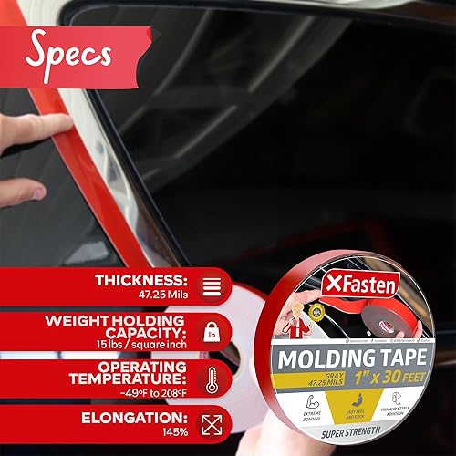 Miniatura 2 de XFasten Cinta de moldeo automotriz súper resistente, gris, 1 pulgada x 30 pies, cinta de montaje exterior de doble cara para moldeo de carrocería