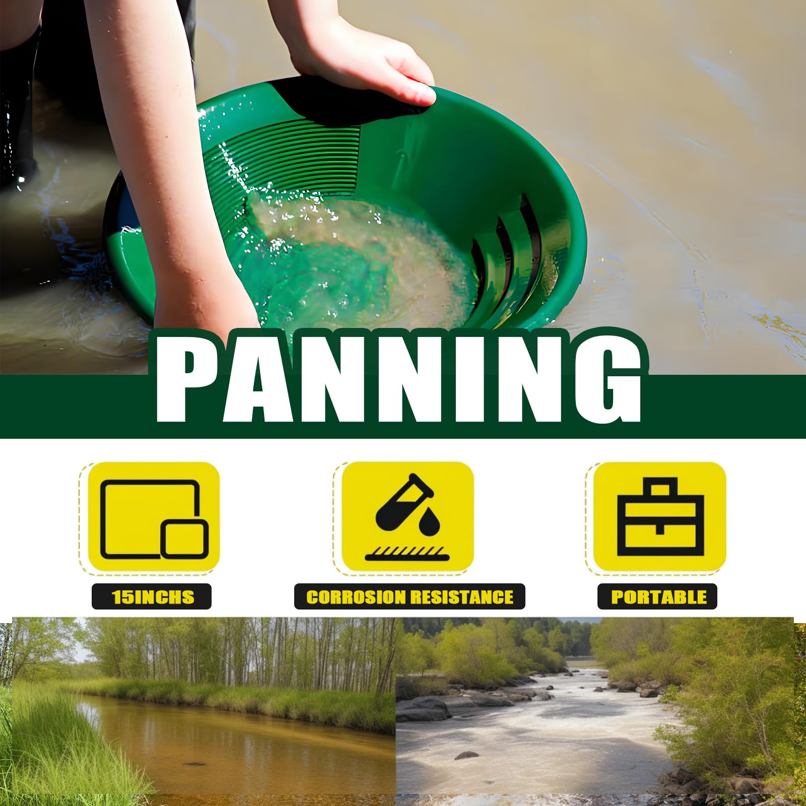 Orpaillage Kit Batee Orpaillage Matériel Gold Pan Kit 7 Pièces Orpaillage Tamis pour Sable Or Mines Lavage Manuel Or Panning (Vert Kit)