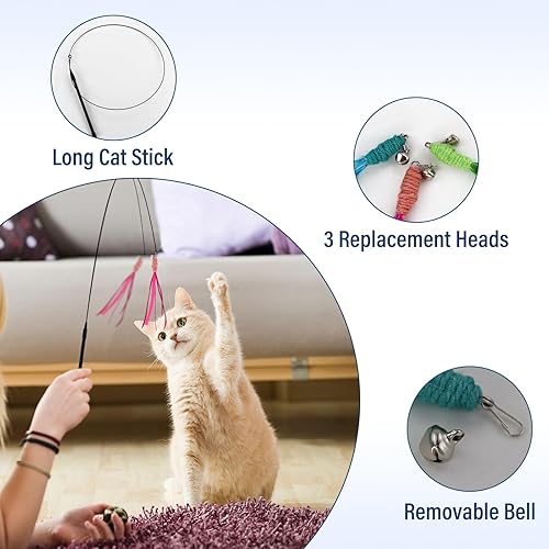 Miniatura 3 de Andiker Juguete de varita para gatos, 3 piezas de juguetes de plumas de Setaria con campana y una varilla de alambre de acero flexible de 35.8