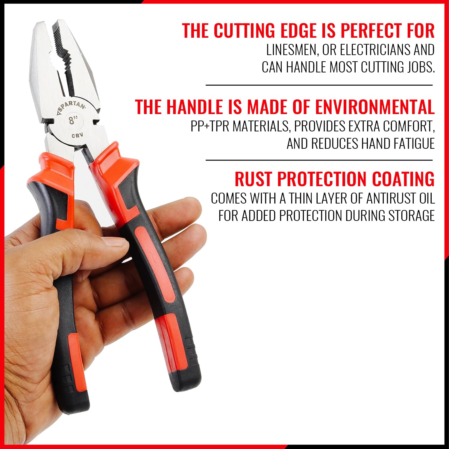 Spartan Combination Plier 8-inch for Home & Professional work Use as Electrical Work, Bending, Holding, Cutting & Pulling, etc | Hand Tool | Heavy Duty Cutting Pliers (Red & Black) 4