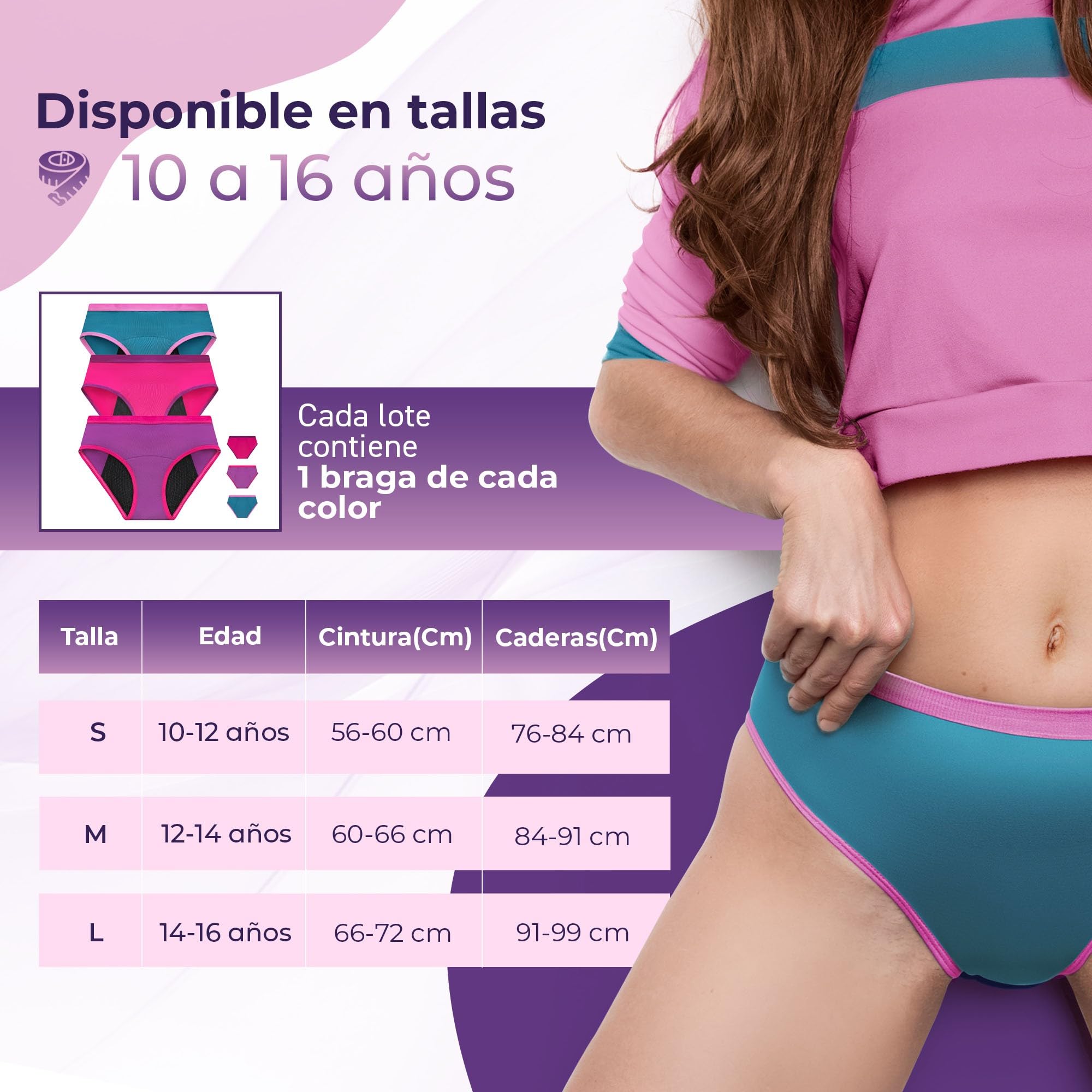 Bragas Menstruales Niñas en Fibra de Bambú | Absorción en Nido de Abeja, Transpirables, Antibacterianas | Ideales para Flujo Ligero a Flujo Abundante | Niñas y Adolescentes | OEKO-TEX (Pack de 3)