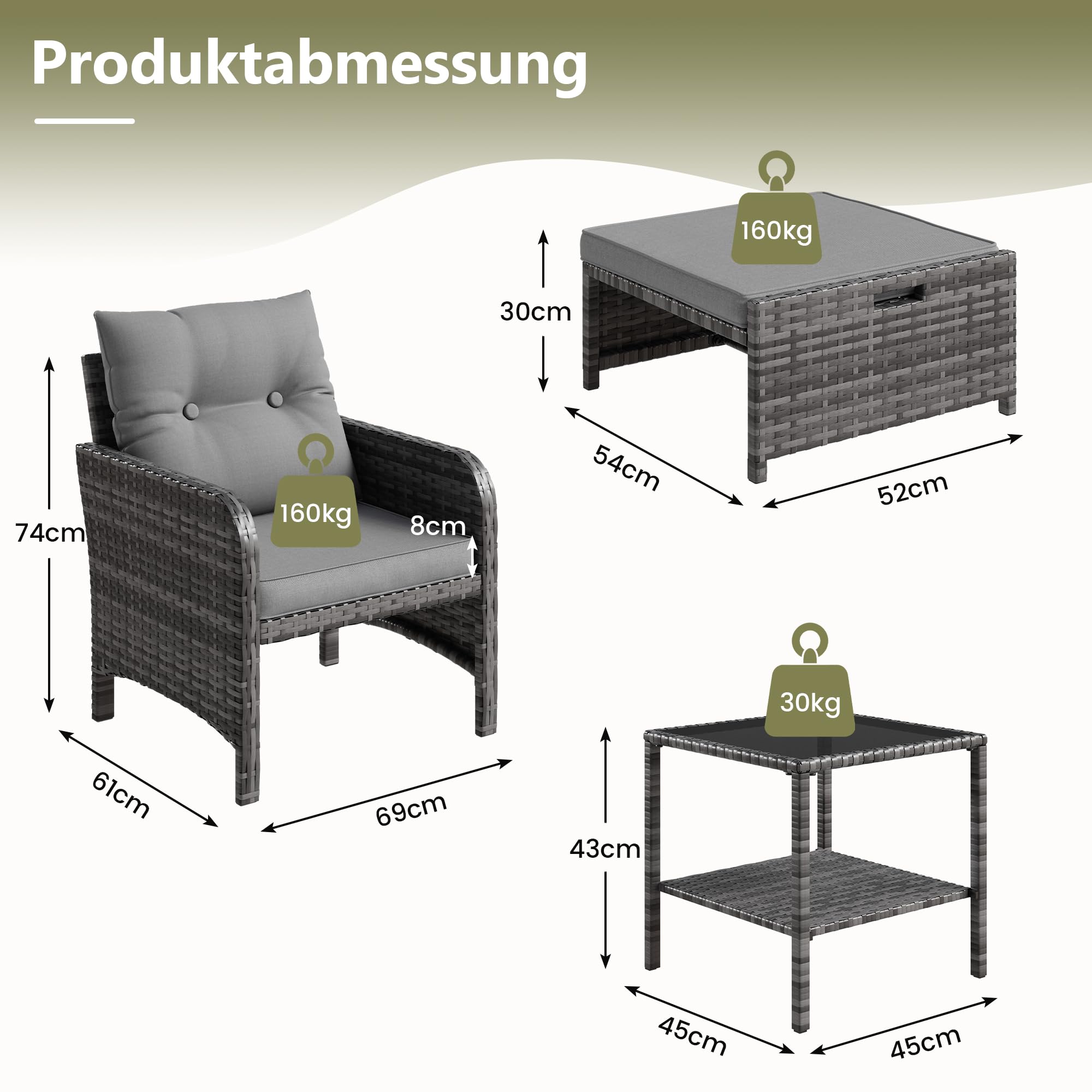 Amopatio 5-teiliges Polyrattan Gartenmöbel Set, Rattan Lounge Set mit 2 Hockern und Glastisch, Wetterfestes Garten Sofa Set mit Sitzkissen für Garten, Terrasse, Balkon, Grau