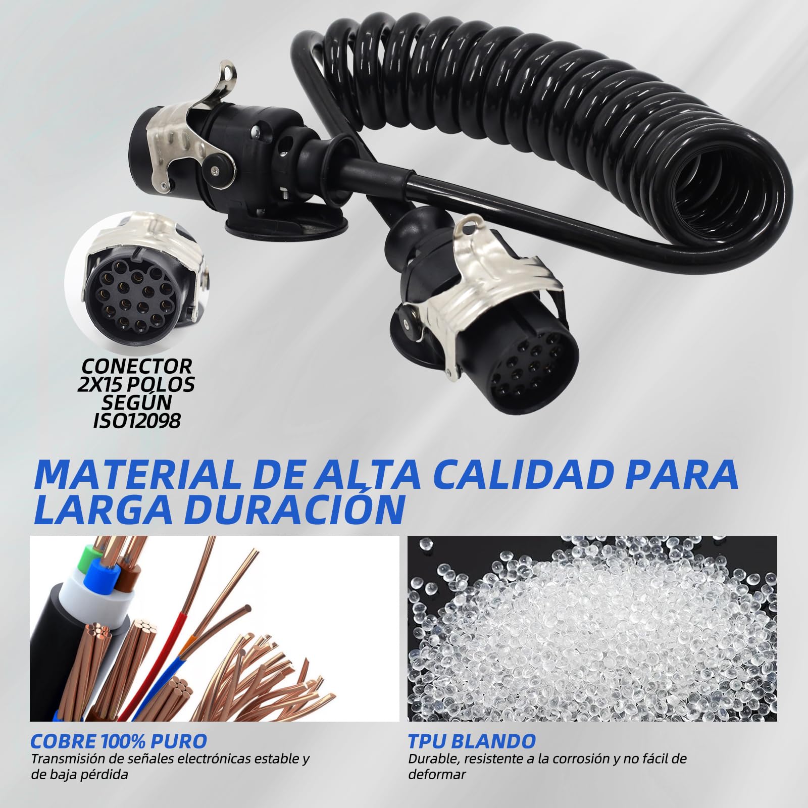 Carrete de cable de 15 pines de 24 V para remolques de camiones pesados, vehículos comerciales, semirremolques, cable adaptador específico de 15 pines