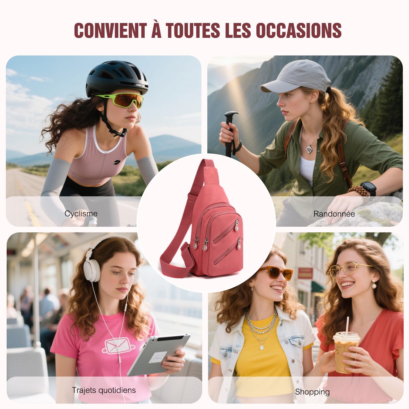 FANDARE Sac à poitrine Femme Bandoulière Sacoche traversante avec trou pour écouteurs Sac messager Outdoor