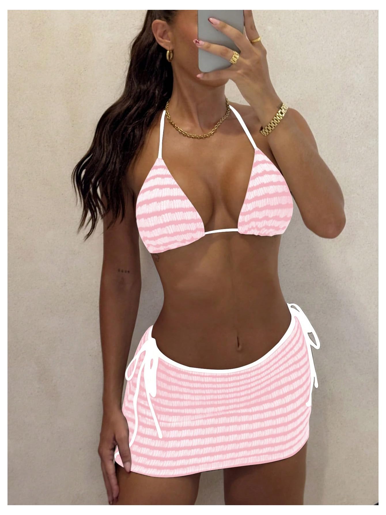 Damski 3-częściowy zestaw bikini w paski wiązany na szyi strój kąpielowy ze spódnicą okrycie czarny i biały rozmiar S