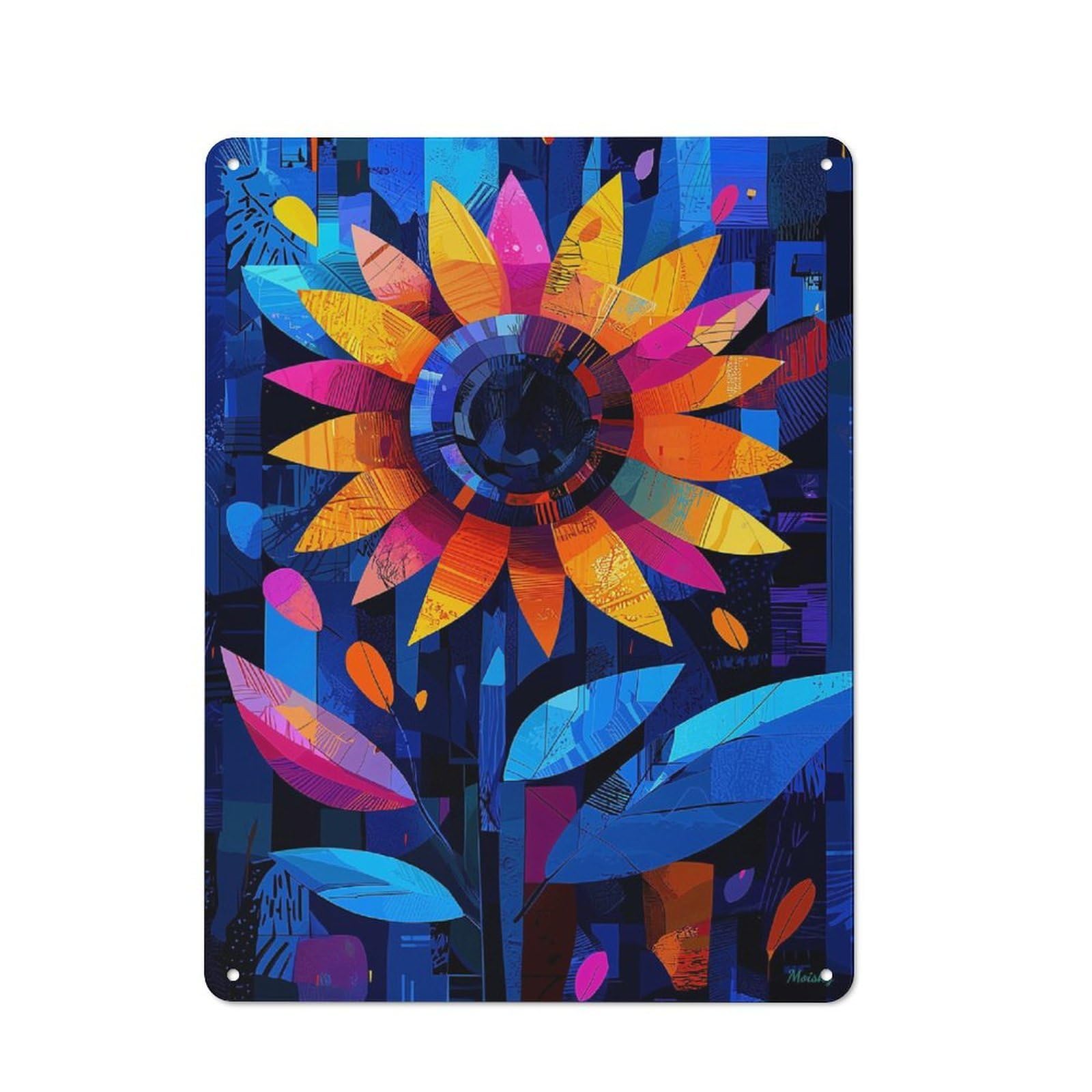 Junmoney Expressionist Geometry Sunflower – Vibrant Ab Warehouse Style Stract Floral Art Decorative Metal Plaque 40X30cm, Industrial Wall Decor For Loft, Studio, Office Or Creative Room