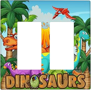 Cartoon Dinosaur 2 Gang Double Rocker Light Switch Plate Covers Decorative, Jurassic Dinosaurs Cute Animals Wall Plate Decora Switchplate Faceplate for Kitchen Bedroom Living Room Decor