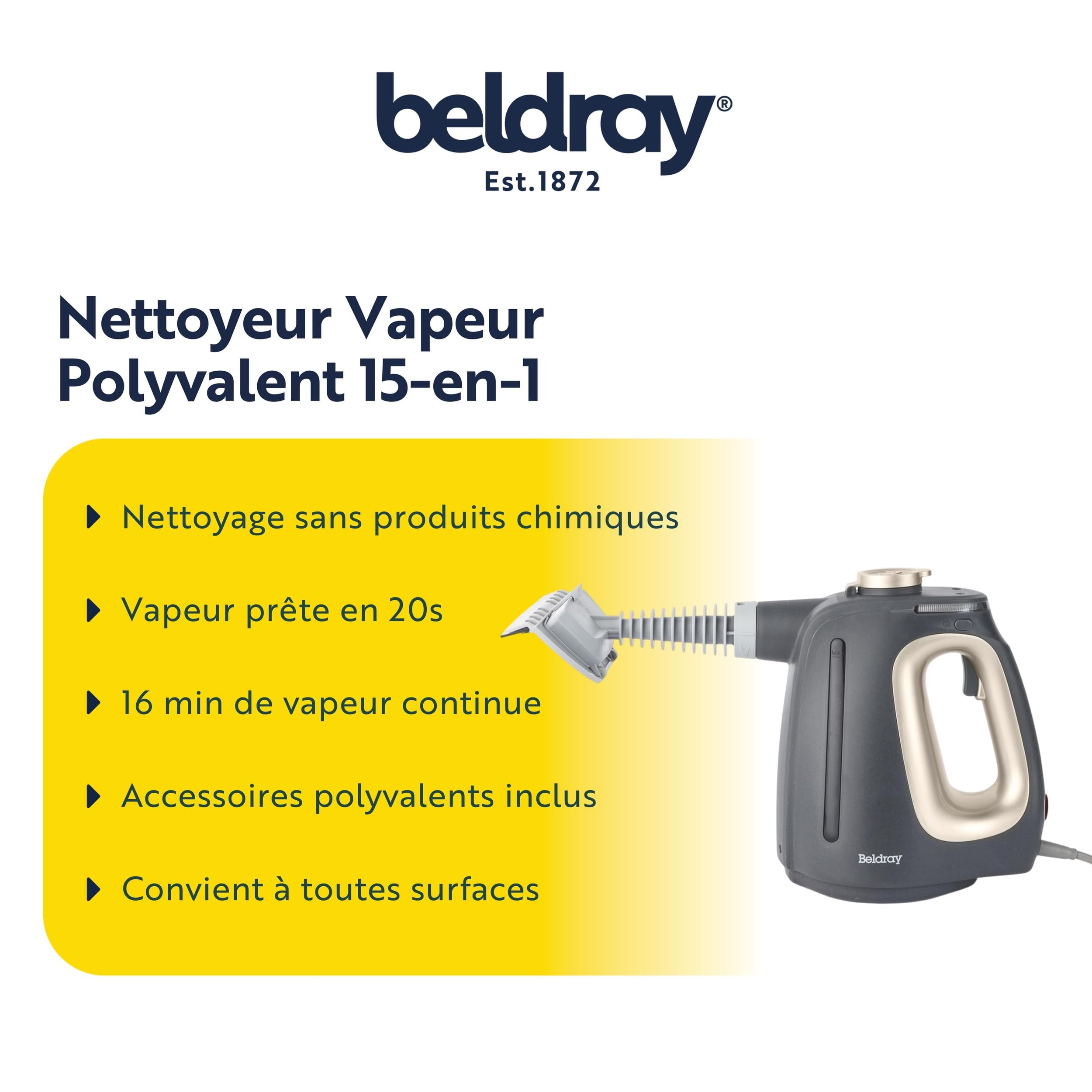 Beldray Nettoyeur Vapeur 15-en-1 – Nettoyeur à Main Polyvalent, Nettoyage Sans Produits Chimiques, Prêt en 20 Secondes, Comprend Têtes Brosse, Tampons Serpillière & Buses, 550ml, 1350W, BEL01987VDE