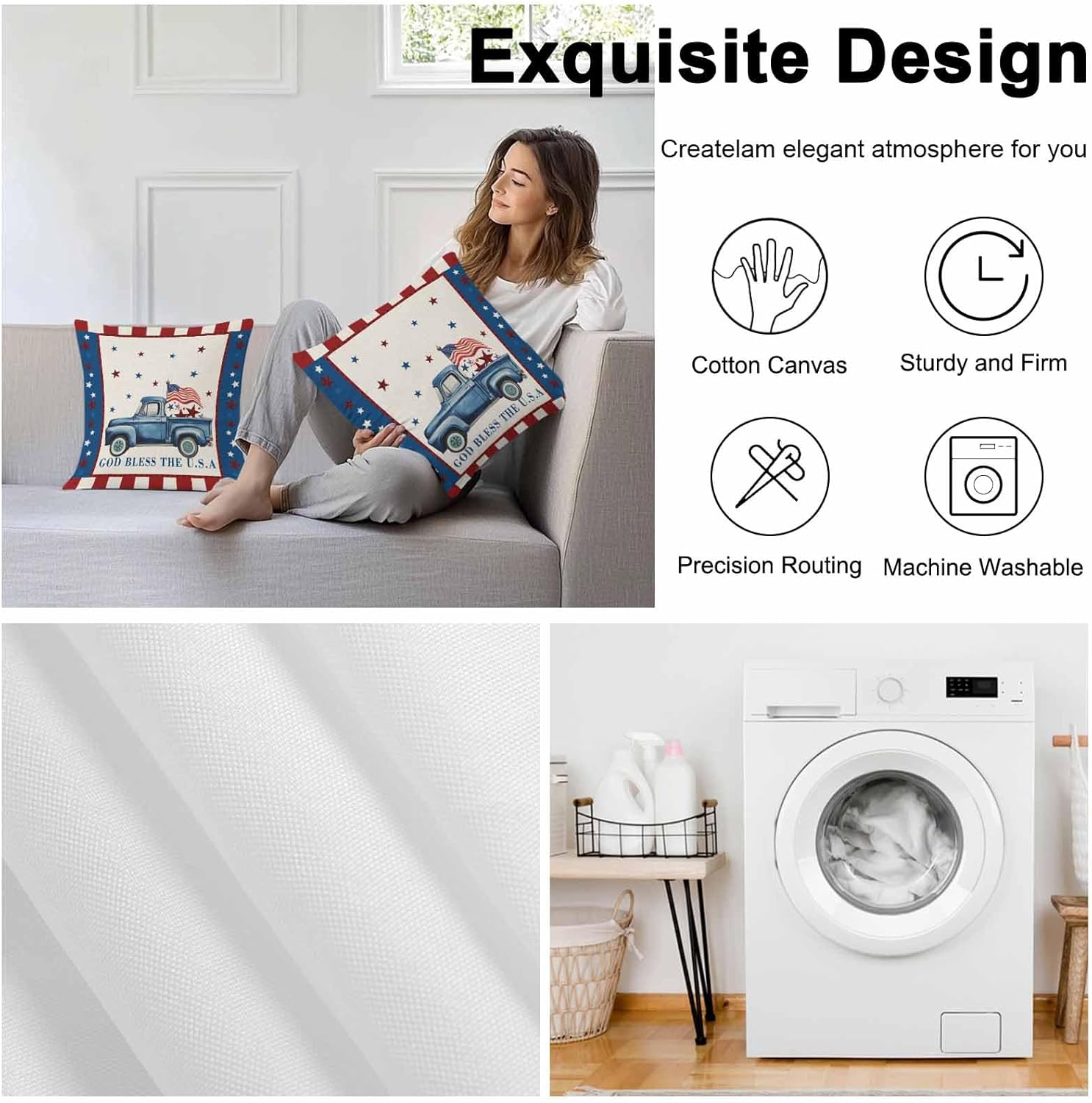 Independence Day Outdoor Pillow Covers Set of 2,Farm Blue Truck American Flag Star Decorative Waterproof Throw Pillow Case, Patriotic Red Plaid Cotton Linen Soft Cozy Cushion Pillowcases 20x20In