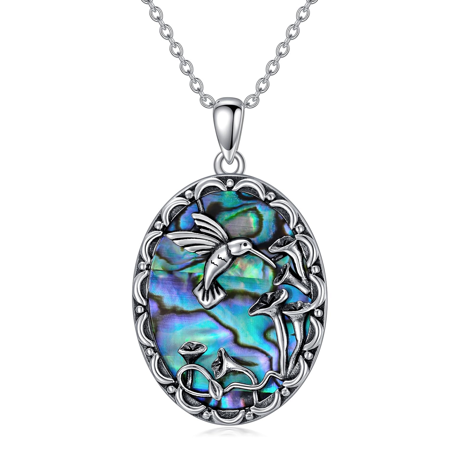 Plesitep Abalone Shell Hummingbirds Necklace for Women Vintage 925 Sterling Silver Hummingbird Pendant Jewelry for Mom Her