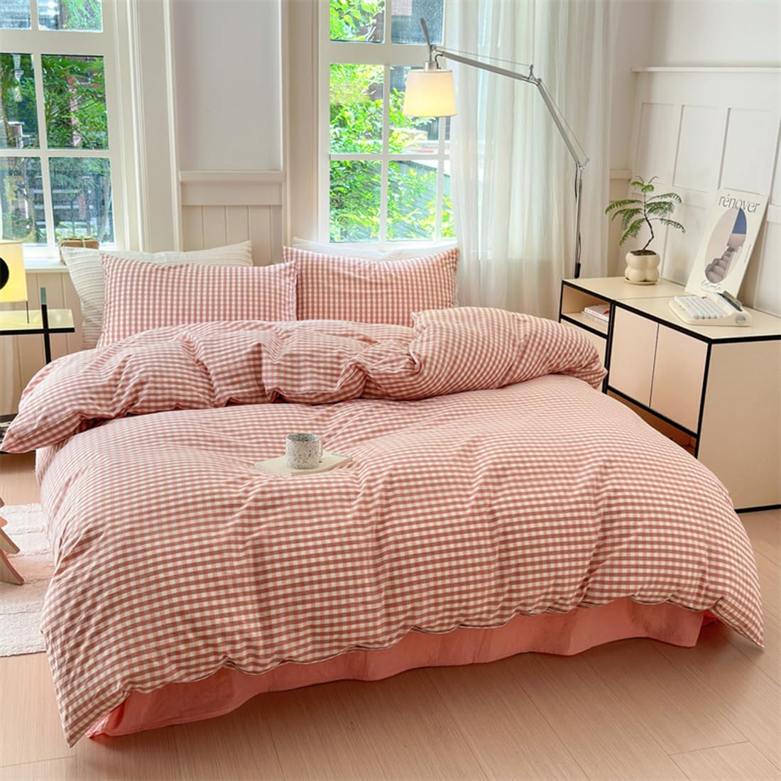 Mucalis Pink Gingham Duvet Cover Queen 100% Washed Cotton Tan White Plaid Checkered Duvet Cover Set Full Modern 3 Piece Grid Bedding Set with Zipper Closure Corner Ties,Durable,Breathable,Easy Care