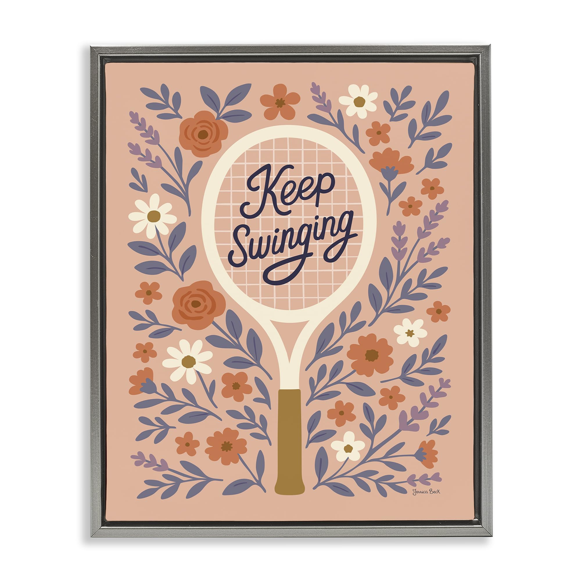 Stupell Industries Luster Gray (Matte) 'Keep Swinging Floral Tennis'| Floating Frame Canvas Art