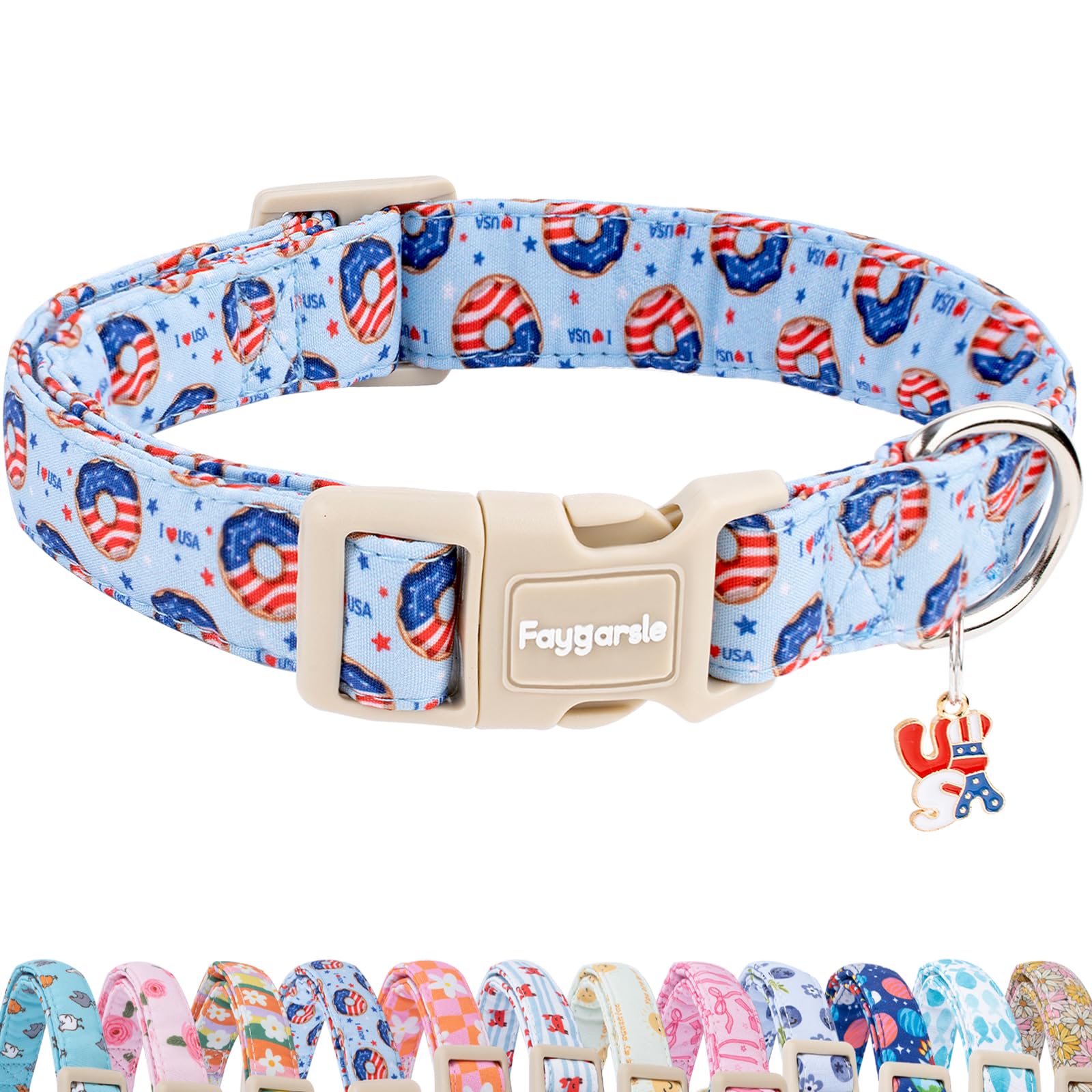 Faygarsle Patriotic Dog Collar, 4th of July Design, American Flag Pattern, Light Blue Summer Design for Small Medium Large Dogs L