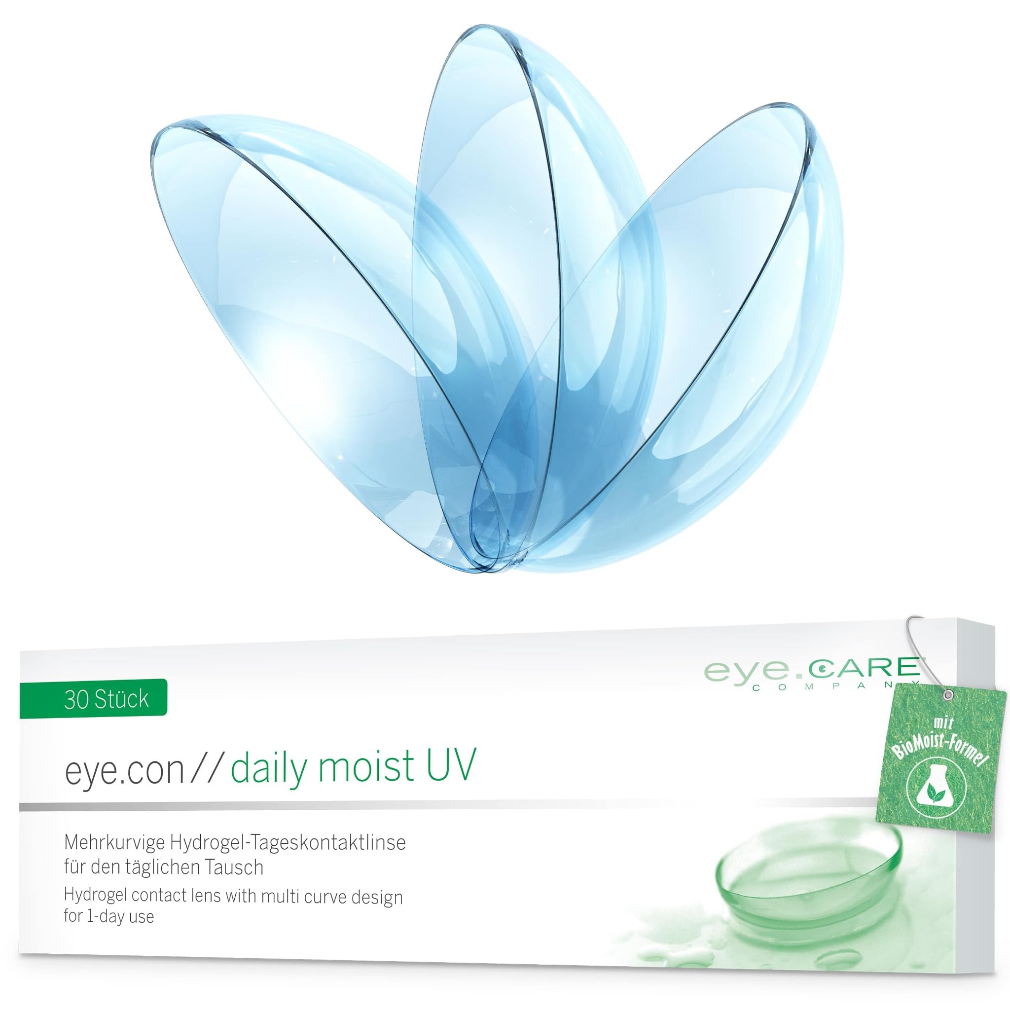 Eye.Con Daily Moist UV weiche Tageslinsen aus Hydrogel – 30 dailies Contact Lenses mit hoher Wasserbindung für empfindliche Augen. Mehrkurvige Kontaktlinsen. BC 8.6mm, DIA 14.3mm, -2.75 Dioptrien.