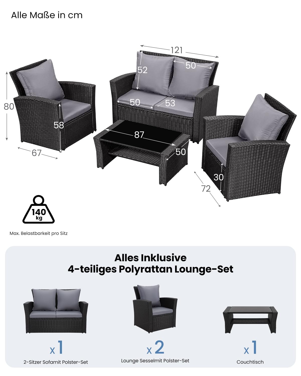 LANOX 4-Teiliges Poly Rattan Balkonmöbel Set mit Sofa und Couchtisch