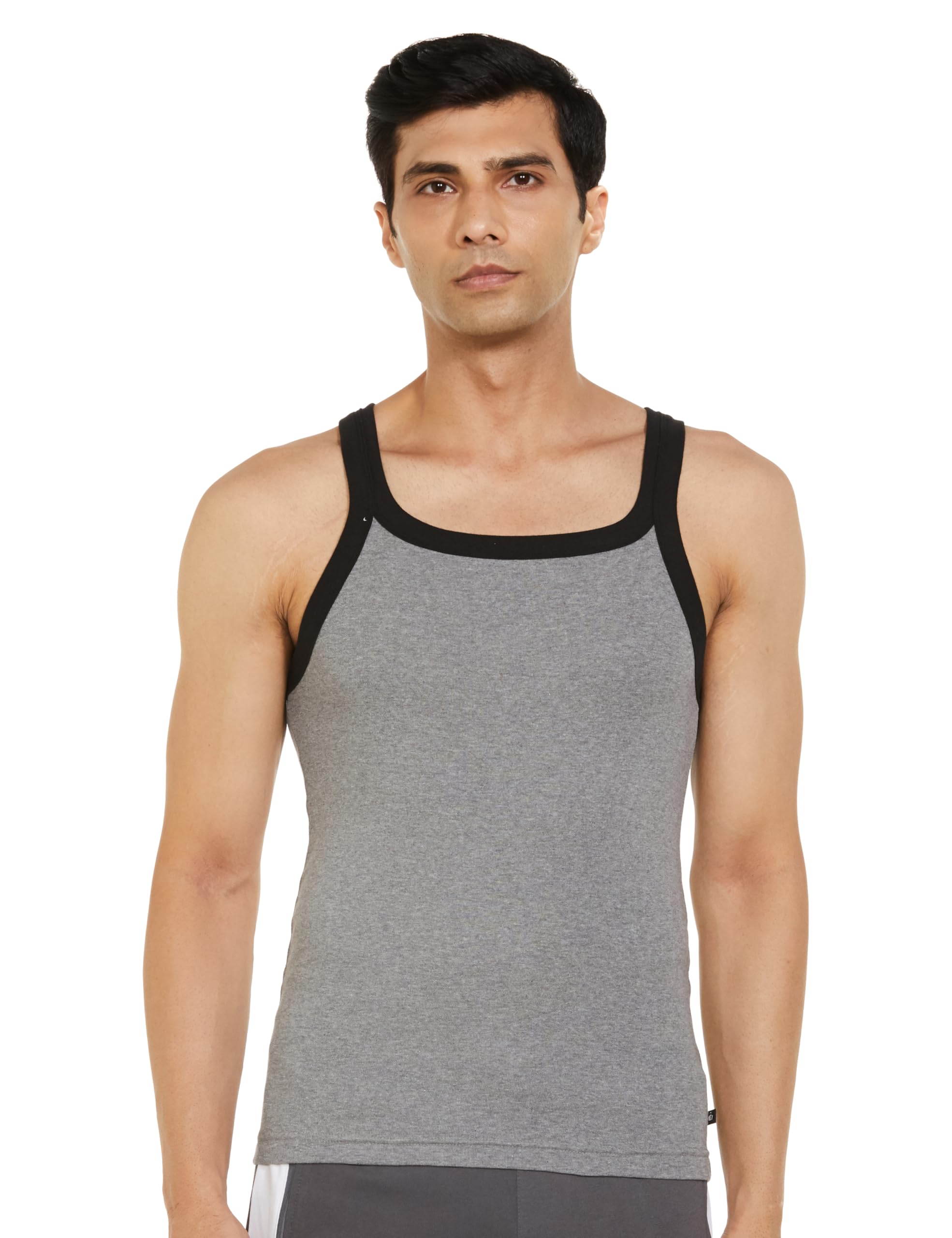 US27 Men's Super Combed Cotton Rib Square Neck Gym Vest (Shoulder Strap Color May Vary)_Mid Grey Melange & Black_S-image-40