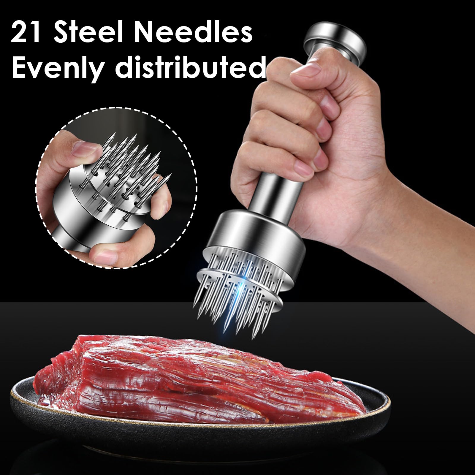 Batticarne in Acciaio Inox con 21 Aghi, Batticarne Manuale e Steaker, Ammorbiditore di Carne per Bistecca, Pollo, Pesce, Manzo e Maiale in Cucina