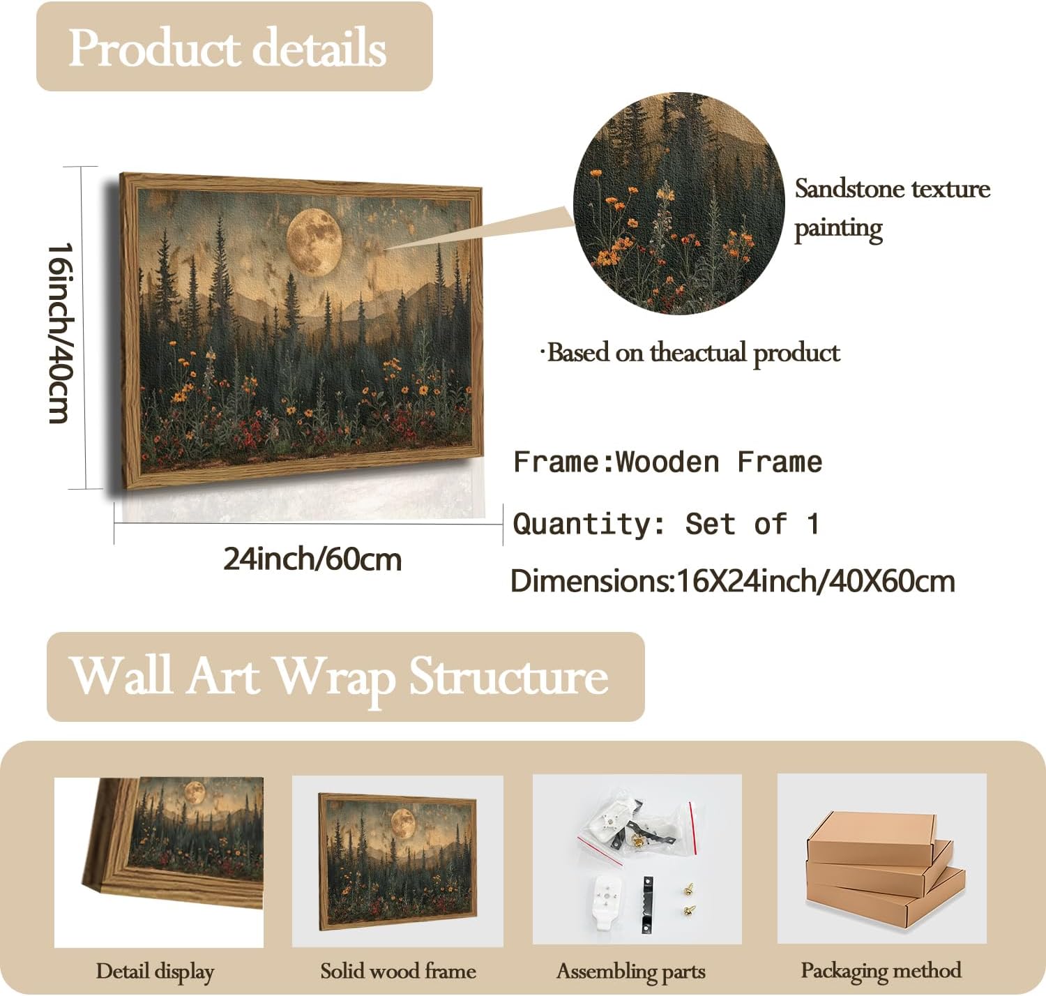 Vintage Nature Forest Wall Art Dark Moon Landscape Painting Wall Decor Woodland Picture Artwork 3D Textured Hand Drawn Sandstone for Farmhouse Bedroom Living Room 16x24 inch Wood Framed