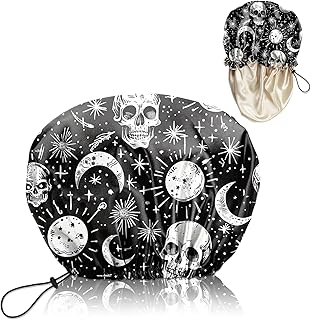 Luxury Shower Cap Satin Lined Reusable Waterproof Double Layer Elastic Adjustable Hair Bath Cap Cute Aesthetic Women Girlss-Skull