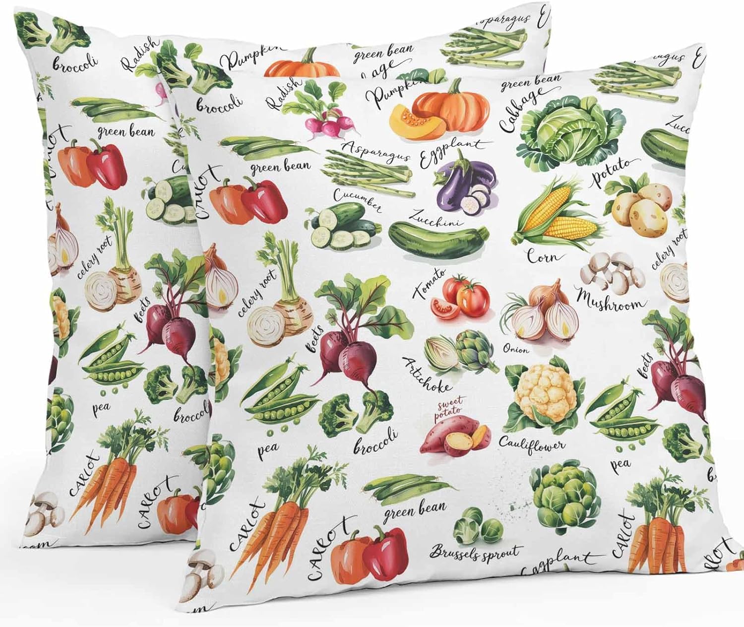 Vegetables Outdoor Pillow Cover 24x24 Inch Cushion Sham Case, Natural Tasty Organic Food White Watercolor Waterproof Decorative Square Throw Pillowcase for Outside Garden Patio Porch Couch Chair Tent