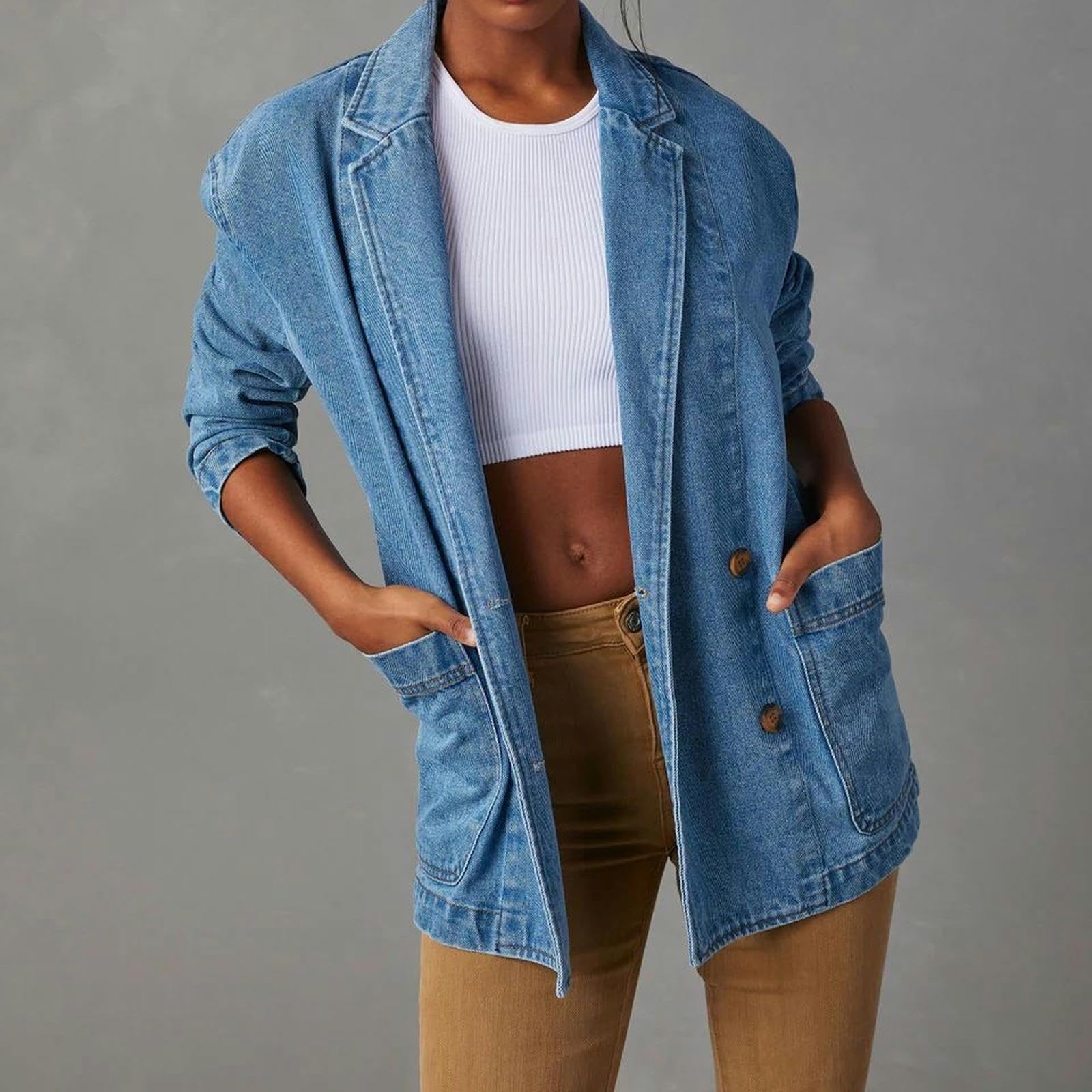 Giacca Jeans Donna Giacca di Denim per Le Donne, Manica Lunga Lapel Washed Denim Giacca delle Donne Suit Denim Giacca-Blu-XXL