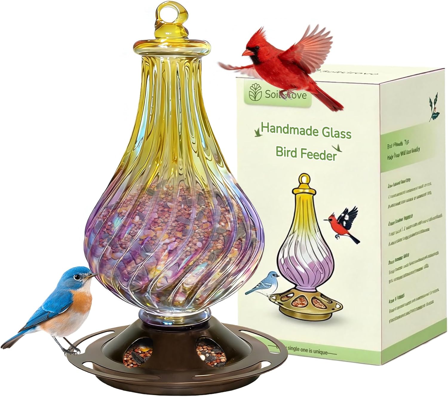 Bird Feeders for Outdoors Hanging – Hand Blown Glass Hanging Bird Feeder with Metal Base, 5 Feeding Ports, 24 oz Wild Bird Feeder for Cardinals & Blue Jays, Garden Decor Gift