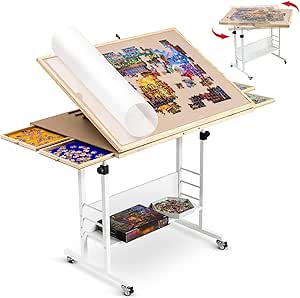 Becko US 1500 Pieces Rotating Jigsaw Puzzle Table, 36&#34;x25&#34; White Puzzle Board for Adult with 4 Drawers &amp; Cover, Lazy Susan Jigsaw Puzzle Desk, Tilting Angles Up to 30°, Height Adjustable with 4 Wheels