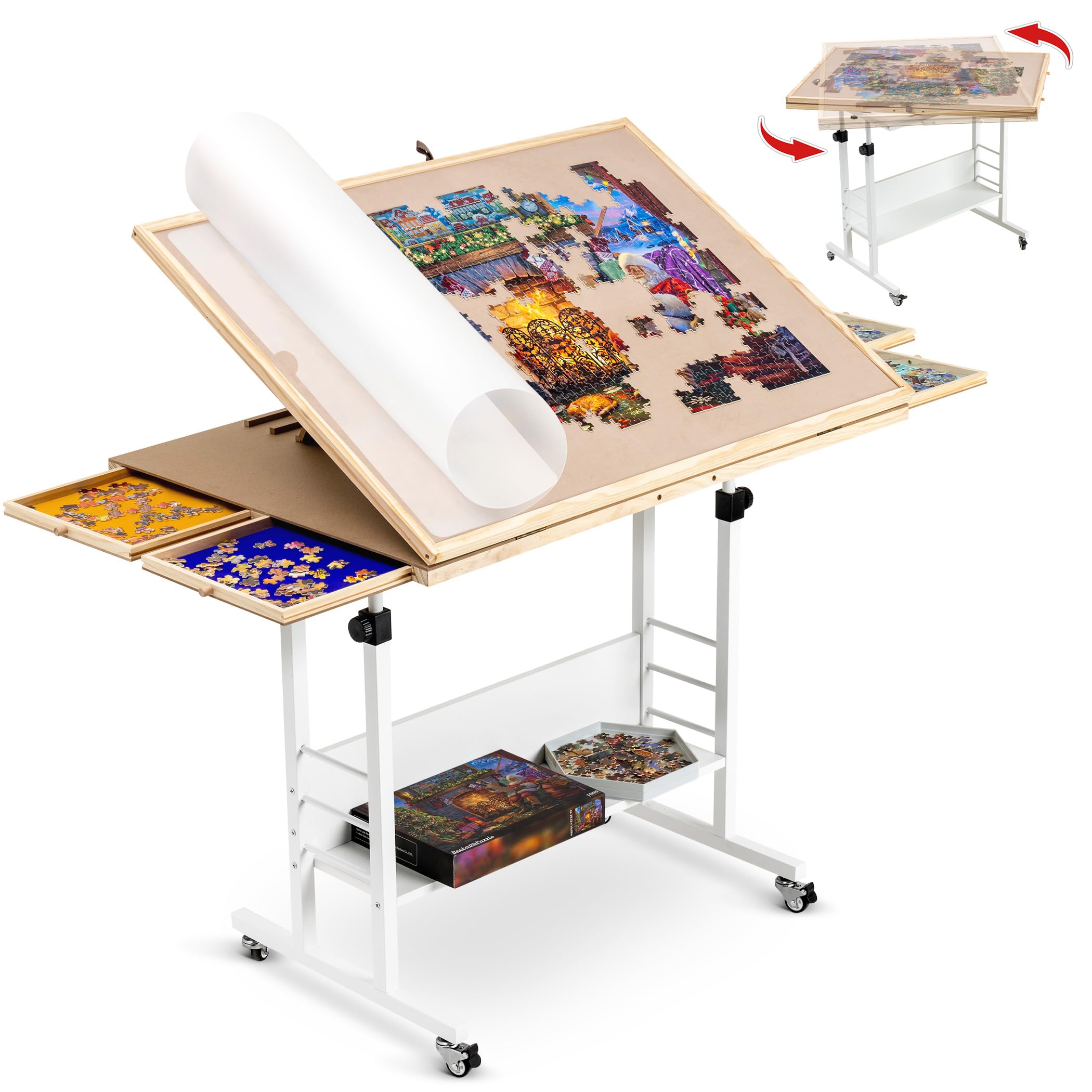 Becko US 1500 Pieces Jigsaw Puzzle Table with Rotating, White Puzzle Board Comes with 4 Puzzle Trays, Jigsaw Puzzle Board Tilting Angles Up to 30°, Table Height Adjustable