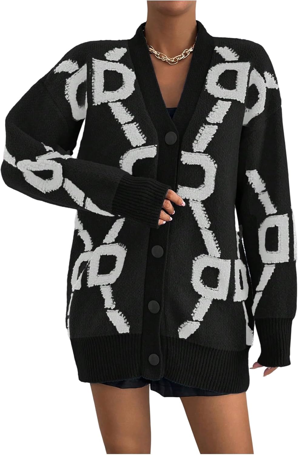 OYOANGLE Women's Graphic Cardigan Sweaters Button Up V Neck Drop Shoulder Open Front Cardigans Loose Outerwear