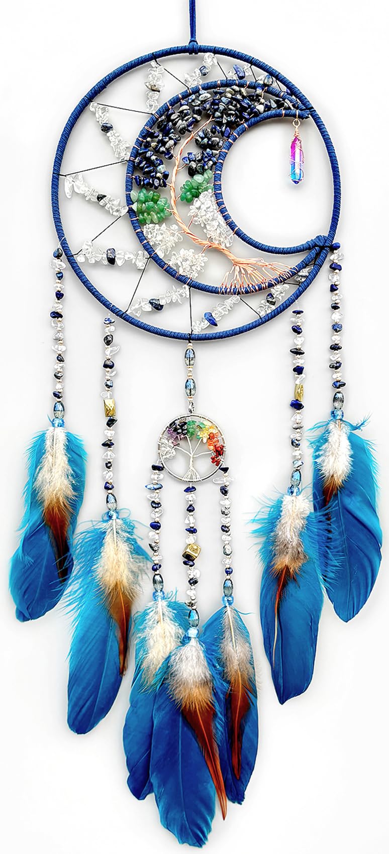 Tree of Life Dream Catchers,Handmade Rainbow Healing Crystal Stone Dream Catcher Wall Hanging Ornament for Bedroom Wedding Party Decor, Festival Blessing Gift (Blue Purple Tree of Life Art(Moon))