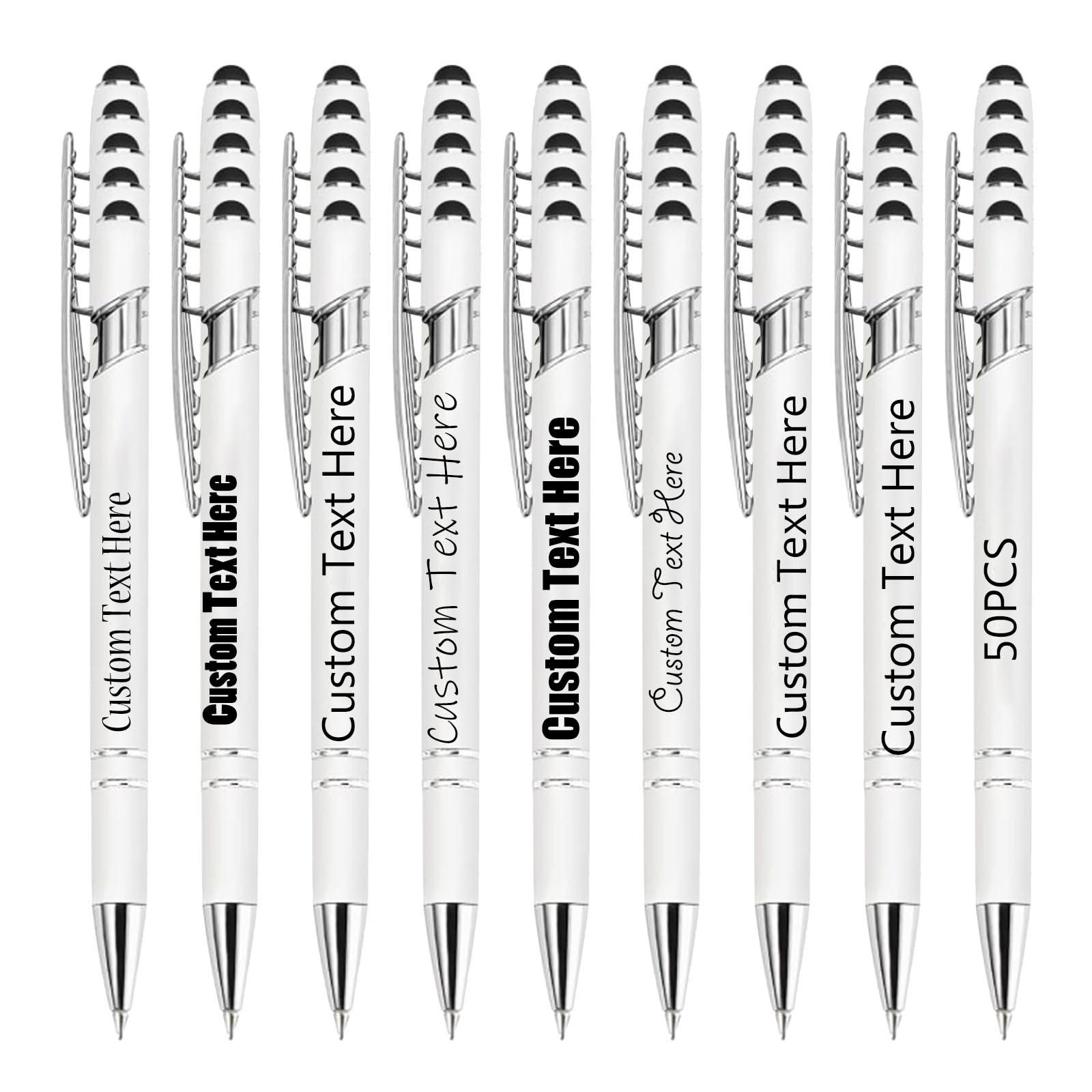 Personalised Pens Bulk Pack of 50, Custom Engraved Ballpoint Pen with Stylus Tip, Soft Touch Metal Retractable Writing Tool, Ideal Business Corporate Graduation Wedding Gifts (White)