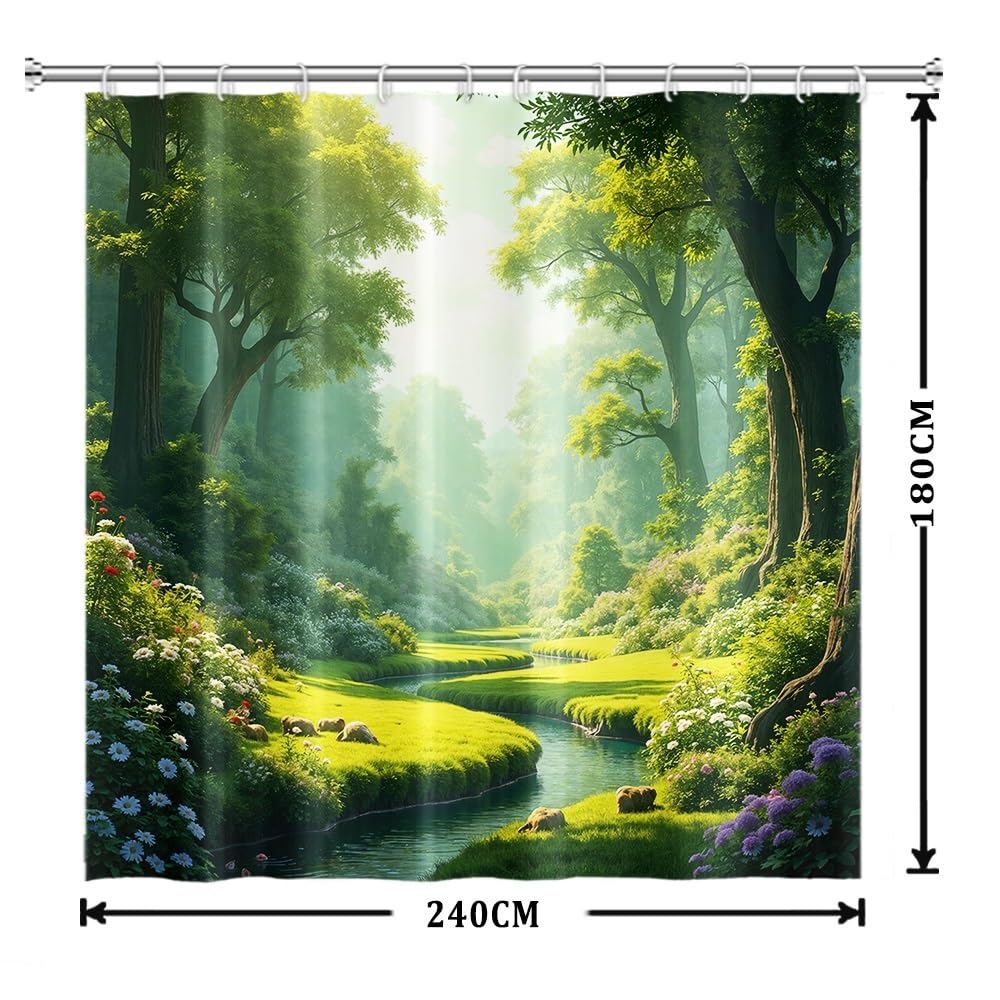 Xiaoterna Floral Plant Shower Curtain Green Spring Nature Forest Bathroom Curtain Green Tall Trees Blooming Flower River Stream Nature Shower Curtain Waterproof Fabric Bathroom Decoration 240x180cm - Image 2