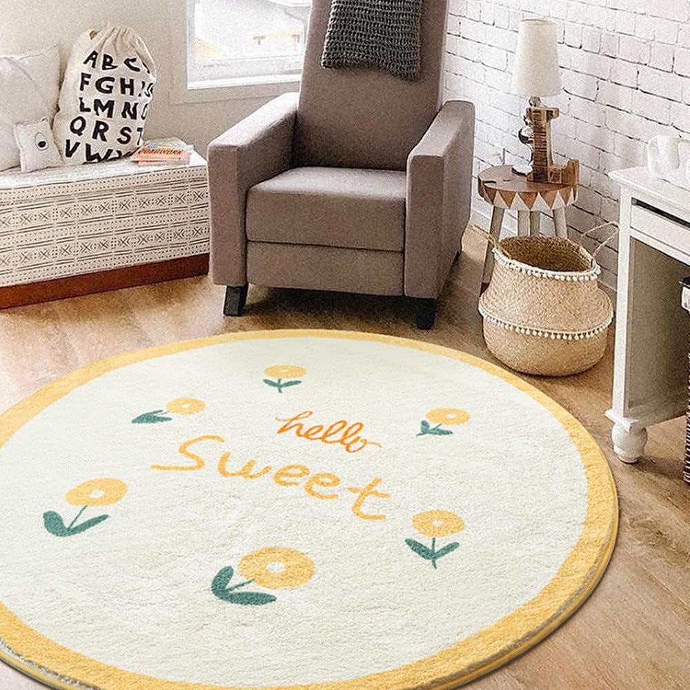 Rururug Tapis Rond Antidérapant et Doux pour Chambre Bébé, Tapis Lavable de Jeu pour Enfant, Fille et GarçonFloral Orange Moderne, Ø170cm