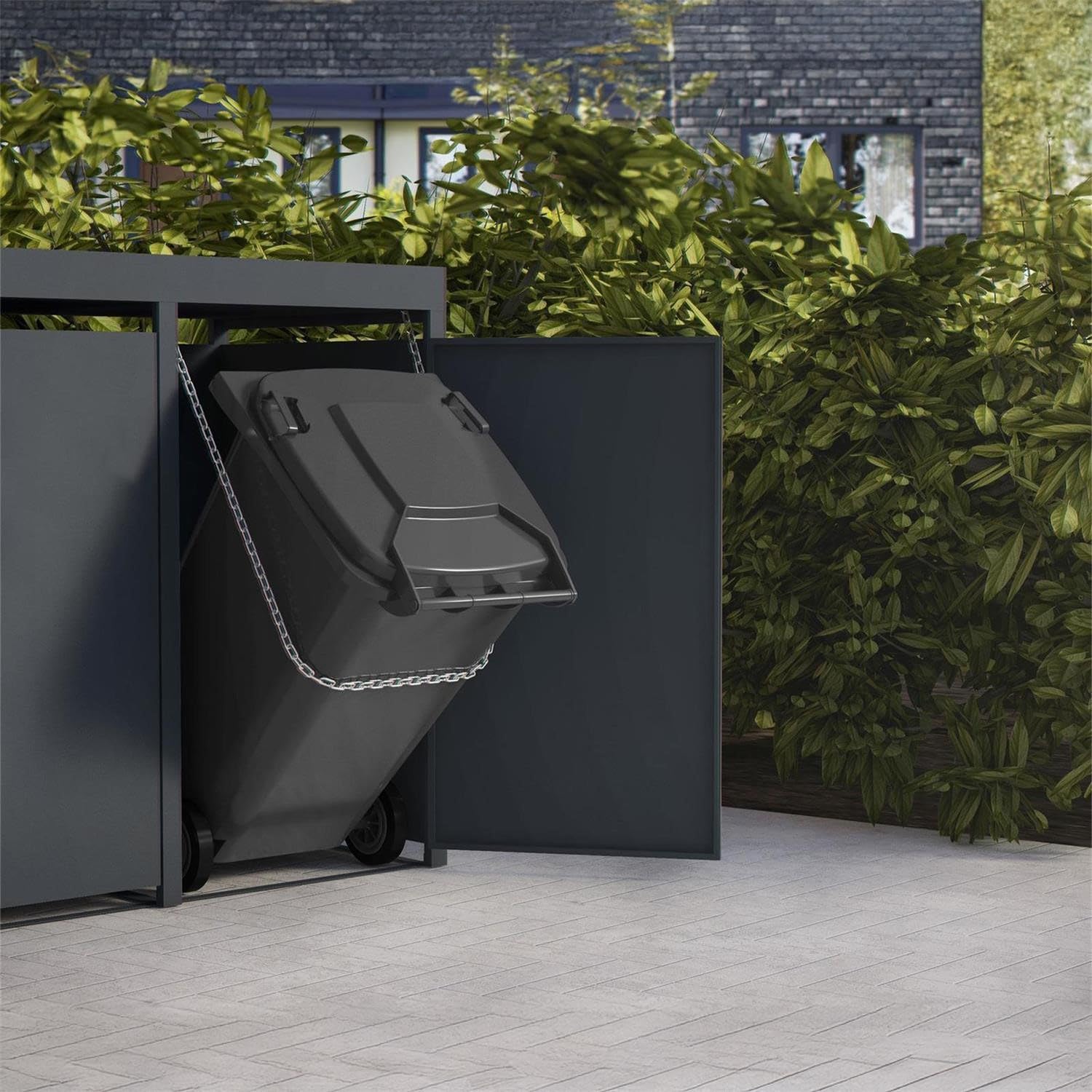 Metzler Mülltonnenbox in Anthrazit mit Pflanzdach 3er 240L, Mülltonnenverkleidung 3 Tonnen, witterungsbeständiger und pulverbeschichteter Stahl mit Automatikdeckel, abschließbar, Garten- und Müllbox
