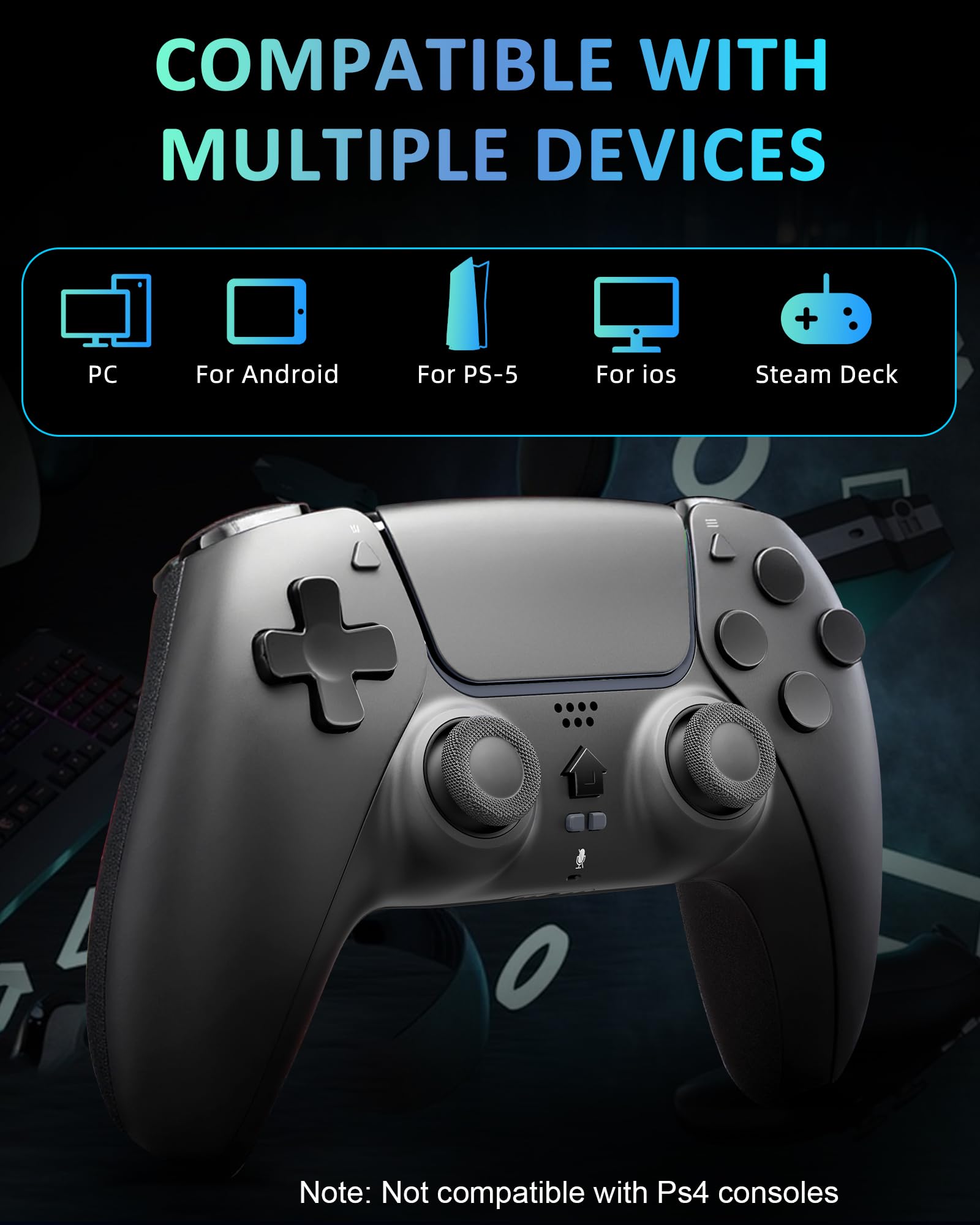 Manette Sans Fil pour PS-5, Compatible avec P-S-5 Pro/Slim/PC, Manette de jeu Bluetooth avec double vibration, capteur 6 axes, pavé tactile, prise audio 3,5 mm, batterie 1000 mAh - 4