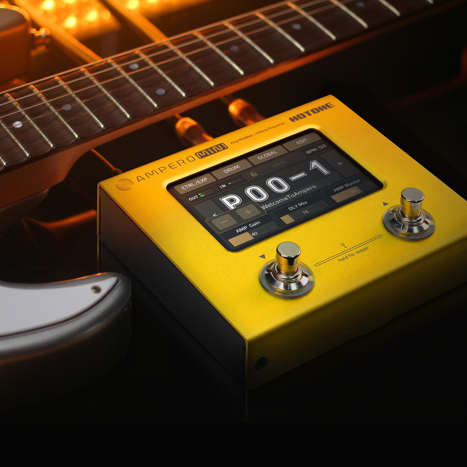 Hotone Guitare basse Processeur multi-effets Écran tactile Guitare basse Modélisation Amp IR Cabinets Simulation Multi Langue Stéréo OTG Interface audio USB Ampero Mini (Marigold)