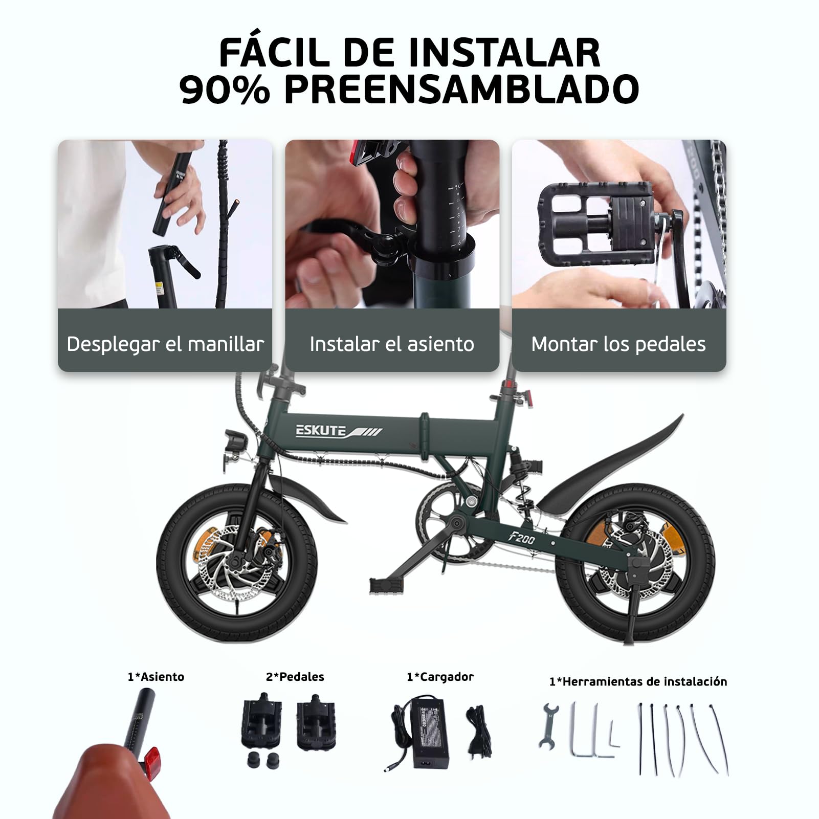 ESKUTE F200 Bicicleta Eléctrica Plegable de 14"x2.125", Ebike Urbana de 36V 7.8Ah con Pantalla LCD, Velocidad Máx de 25km/h, Asiento Ergonómico, Autonomía de hasta 50KM, Bici Electrica para Adultos