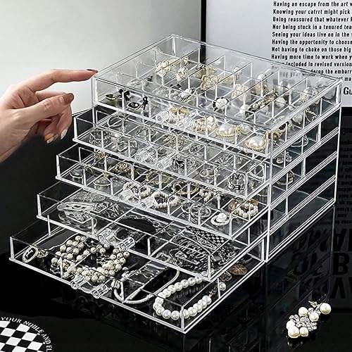 YUFONG Caja organizadora de almacenamiento de aretes, 5 cajones, organizador de joyas, caja de almacenamiento de joyería acrílica, compartimento de