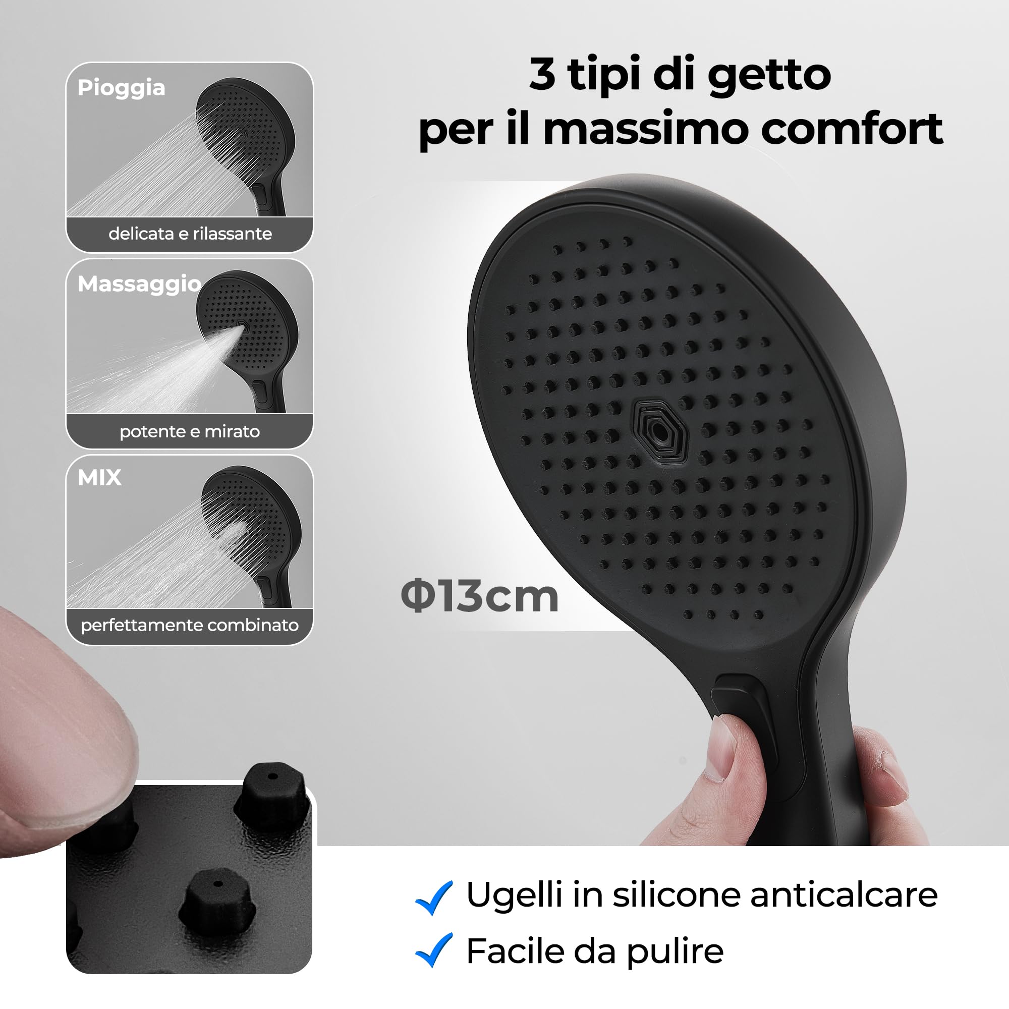JOHO Colonna Doccia Senza Miscelatore, Asta Doccia Acciaio Inox 70 cm con Supporto Soffione Regolabile, Saliscendi Doccia Adattarsi ai Fori Esistenti con Doccetta 3 Geti, Nero