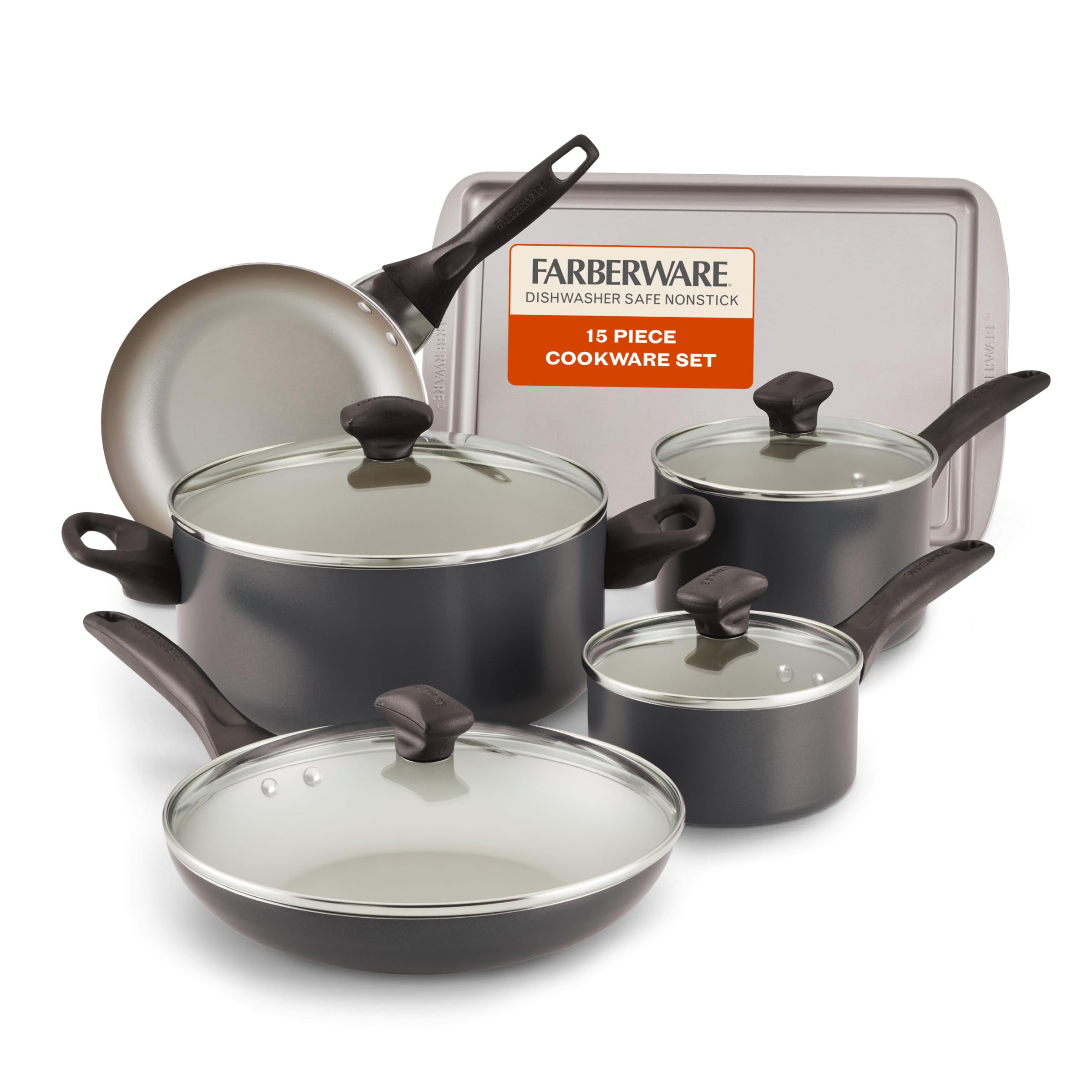 Farberware Nonstick Cookware Pots and Pans Set, 15-Piece, Cooking Utensils