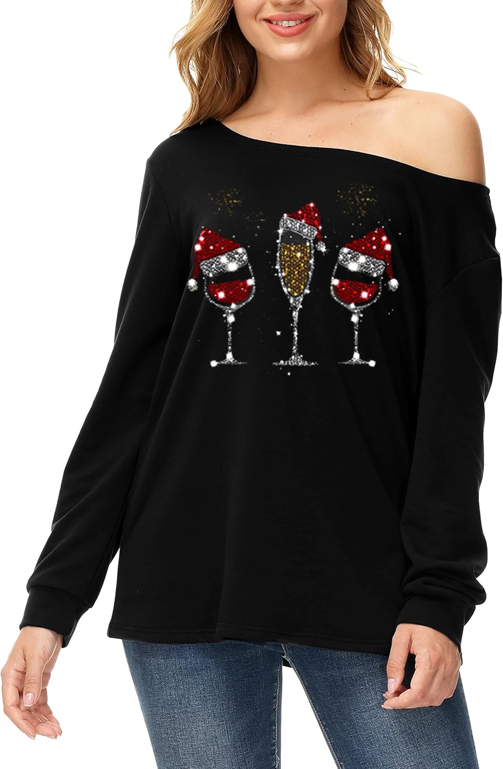Christmas Womens Long Sleeve Black Lightweight Sweatshirt Sexy Wine Hat Off Shoulder Graphic Top S