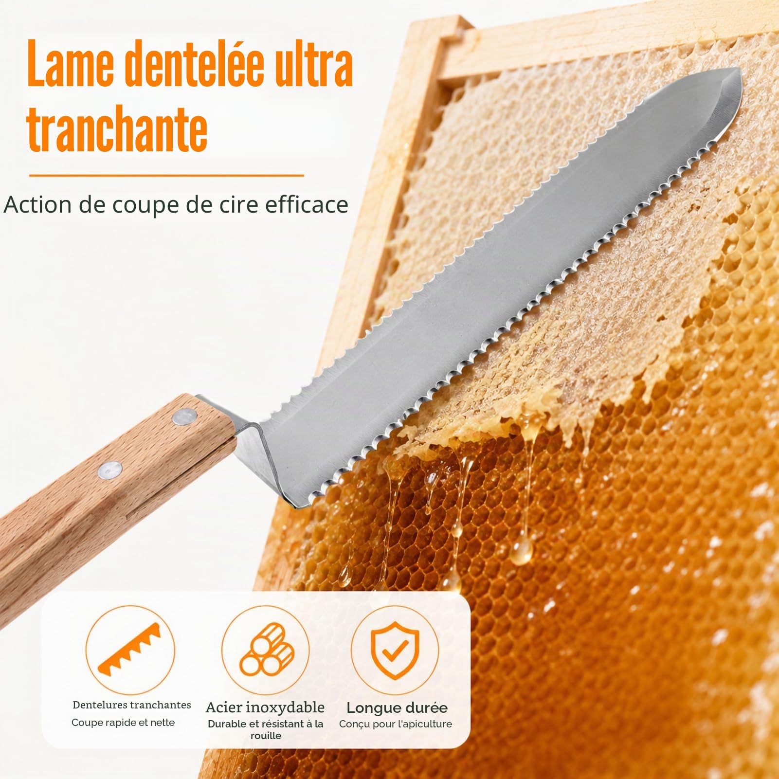 Couteau à guêpe coupé au miel de 280 mm, lame dentelée, outil pour l'apiculture, couteau à décapsuler, extracteur, grattage, fournitures pour l'apiculture, outil de