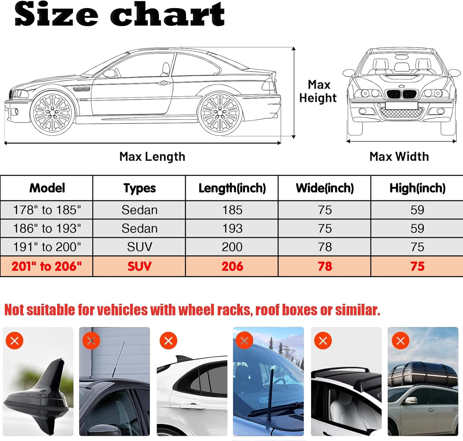 7 Layers Waterproof Heavy Duty Car Covers for Automobiles All Weather Season Anti-Hail UV Protection Snowproof Outdoor 15.4LBS Full Cover Universal Fit SUV 201" to 206"