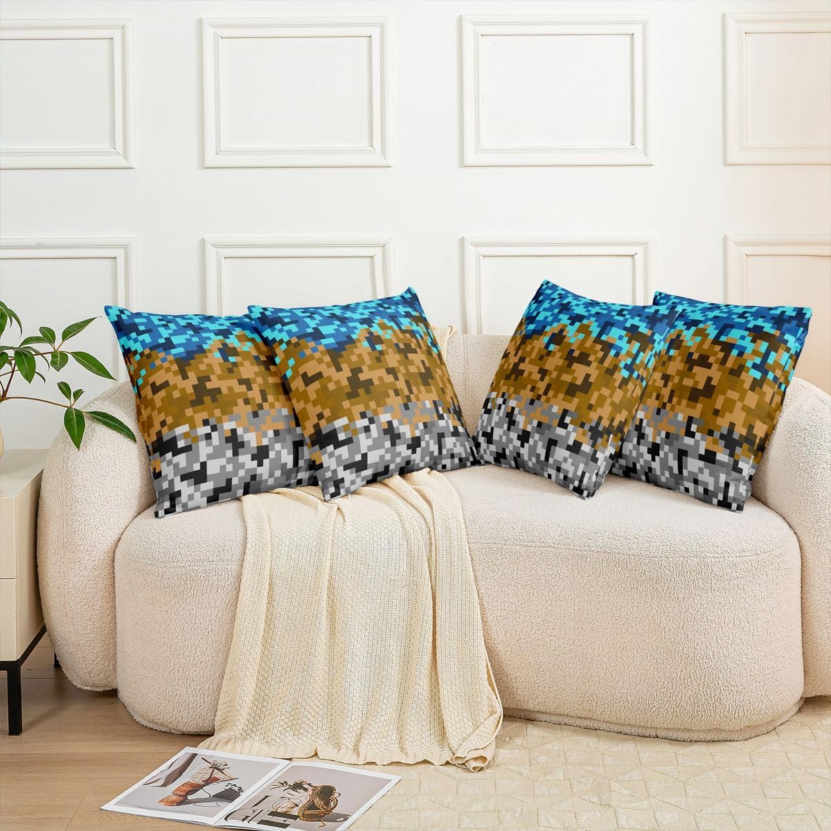 Pixelated Miners Gaming Throw Pillow Covers (Pack of 4),Blue Brown Grey Grid Cushion Cover for Kids Girls Boys Construct Video Games Pillow Cases Geometric Block Living Room Sofa Bed Decor ,16"Lx16"W image 5