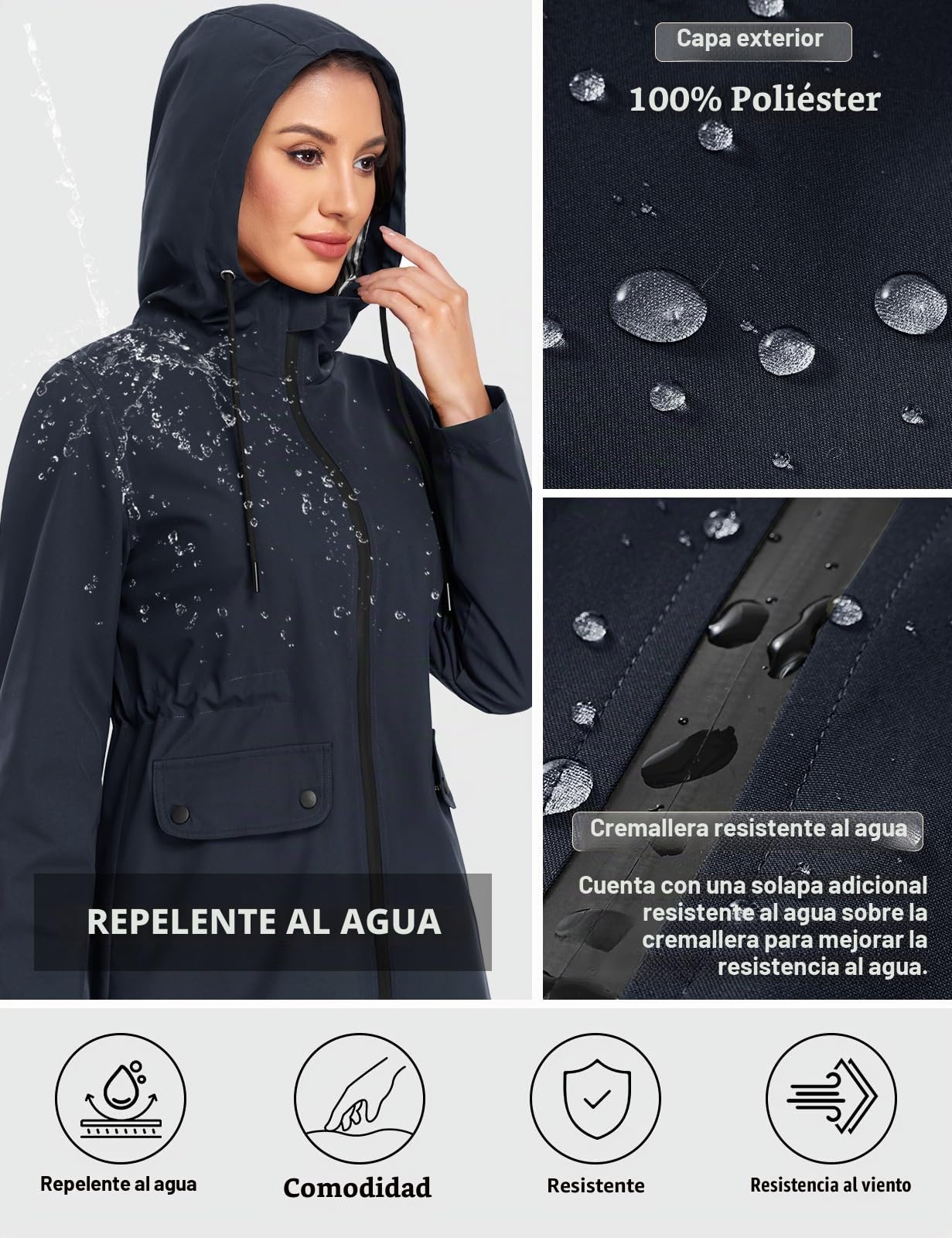 Yuson Girl Abrigo Entretiempo Mujer Largo Elegante Chaqueta Primavera Ligero Abrigo Cortavientos Parka con Capucha y Cordón Casual Cazadora para Primavera, Verano y Otoño