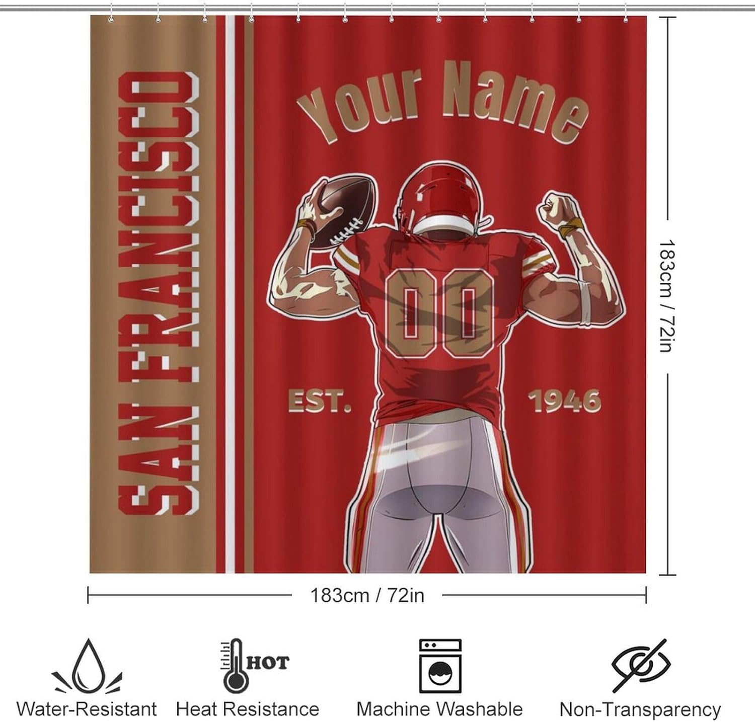 Custom 4PCS San Francisco Shower Curtain Set, Personalized Name and Number Shower Curtain Set for Bathroom, Includes Bath Mat, Toilet Cover Mats, U-Shaped Mat and Shower Curtains 72 Inch X 72 Inch