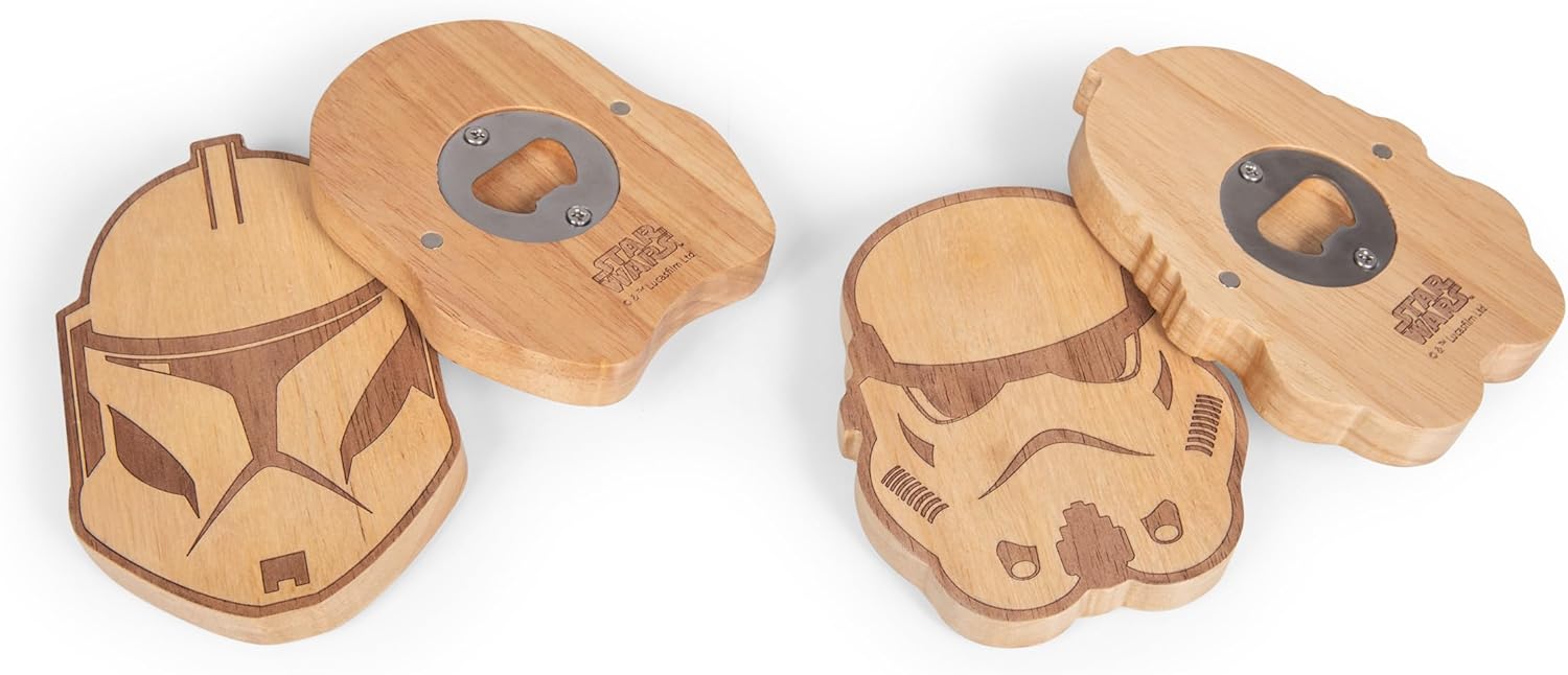 PICNIC TIME Star Wars Stormtrooper Coasters with Built In Bottle Openers Magnetic Laser Engraved Parawood Drink Coaster Set Decorative Bar Accessories (Parawood)