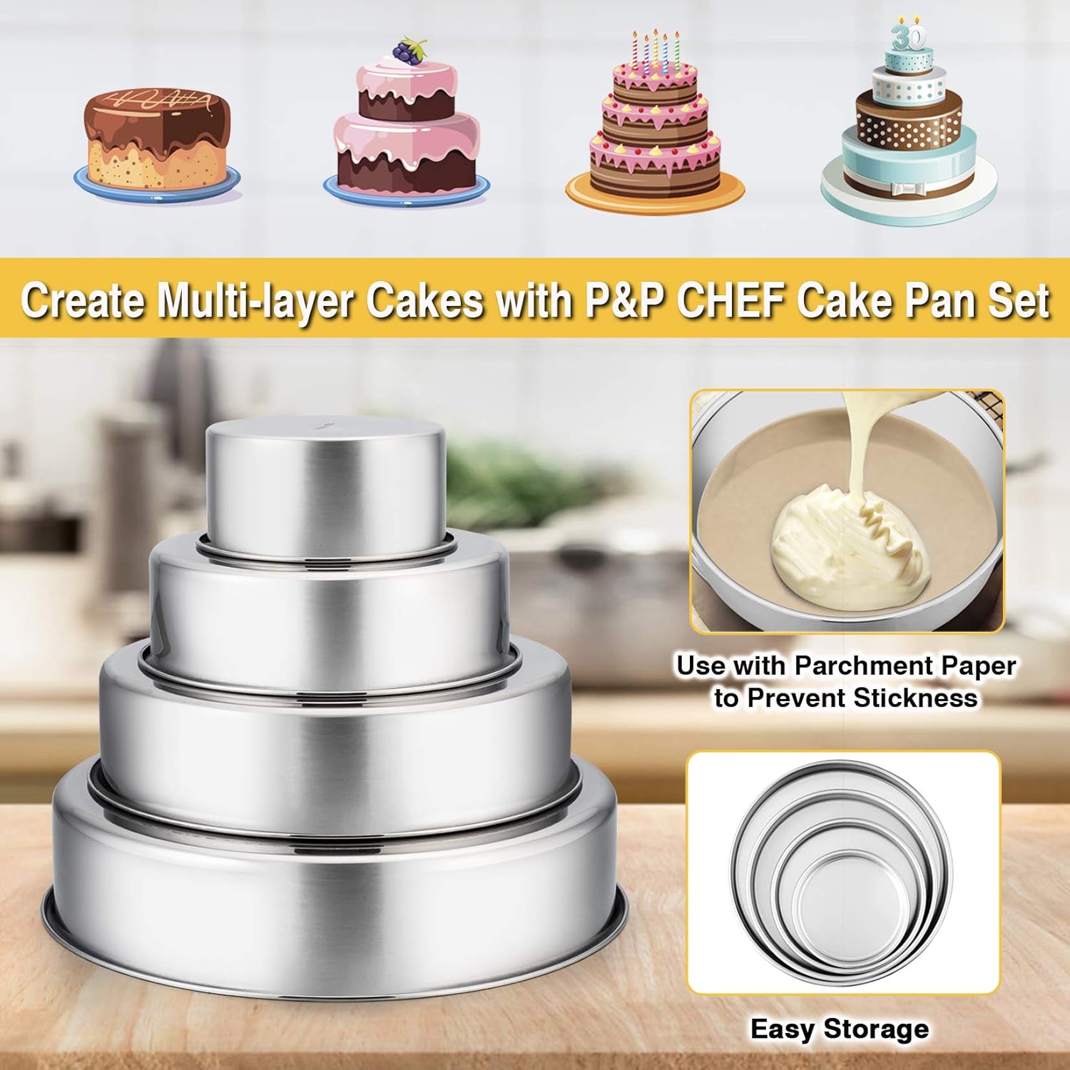 P&P CHEF Cake Pans Sets for Baking, 4" + 6" + 8" + 9.5" 4 Piece Stainless Steel Round Cake Pans Tin, Oven/Pot/Dishwasher Safe, Combination of Different Sizes, Leak-proof & Easy Clean - Image 2