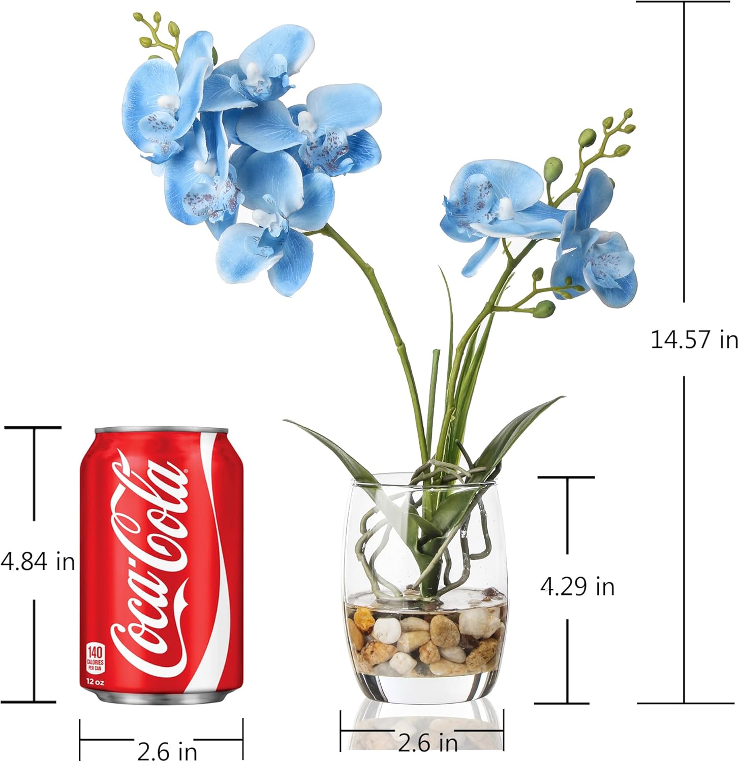 Jusdreen Artificial Blue Orchid in Glass Vase, Realistic Phalaenopsis Arrangement with Potting for Home Office Table Decor, 14.5 Inch Flower Centerpiece - Image 2